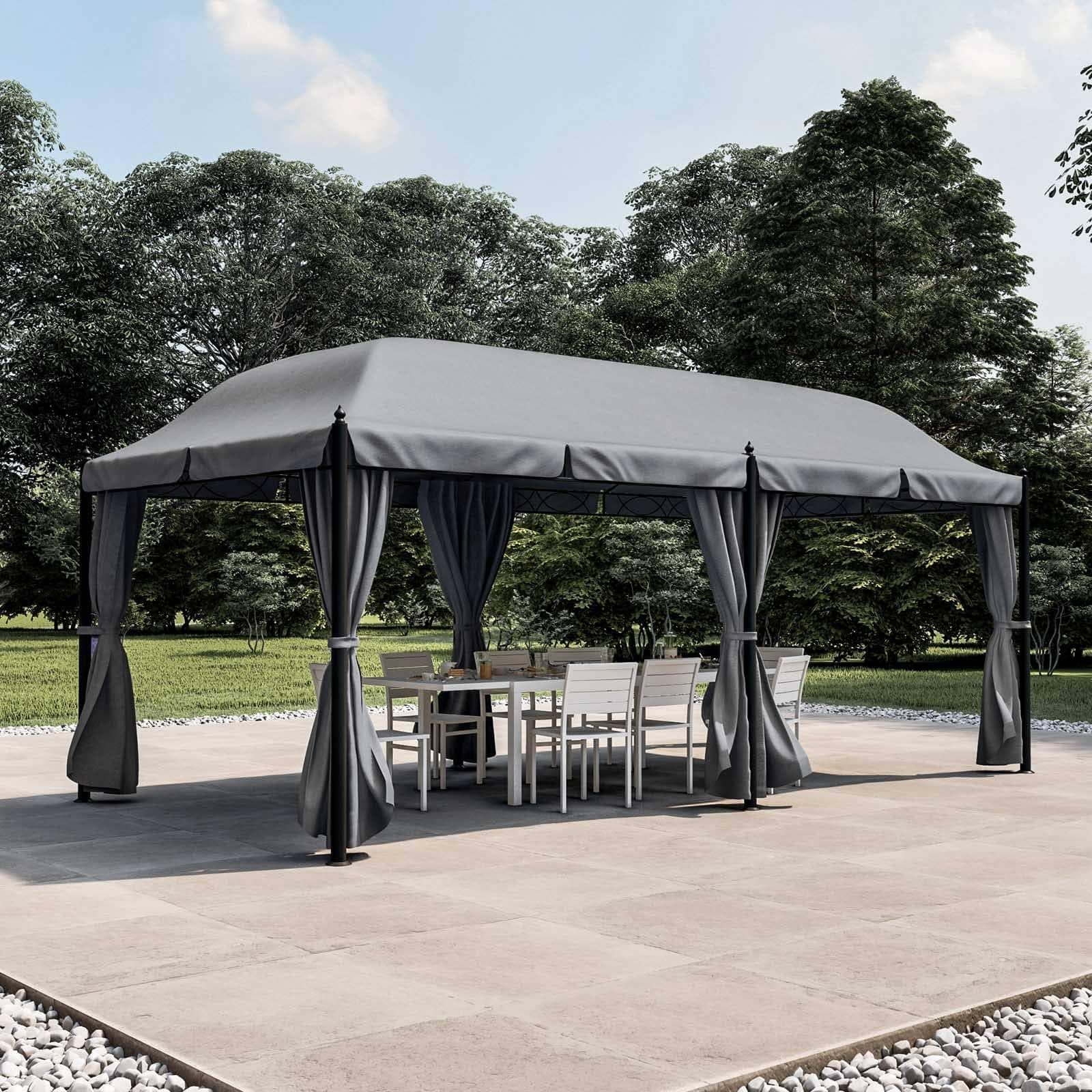 Gazebo 5,9x3 m telo grigio con tende e zanzariere in acciaio antracite - Tindari