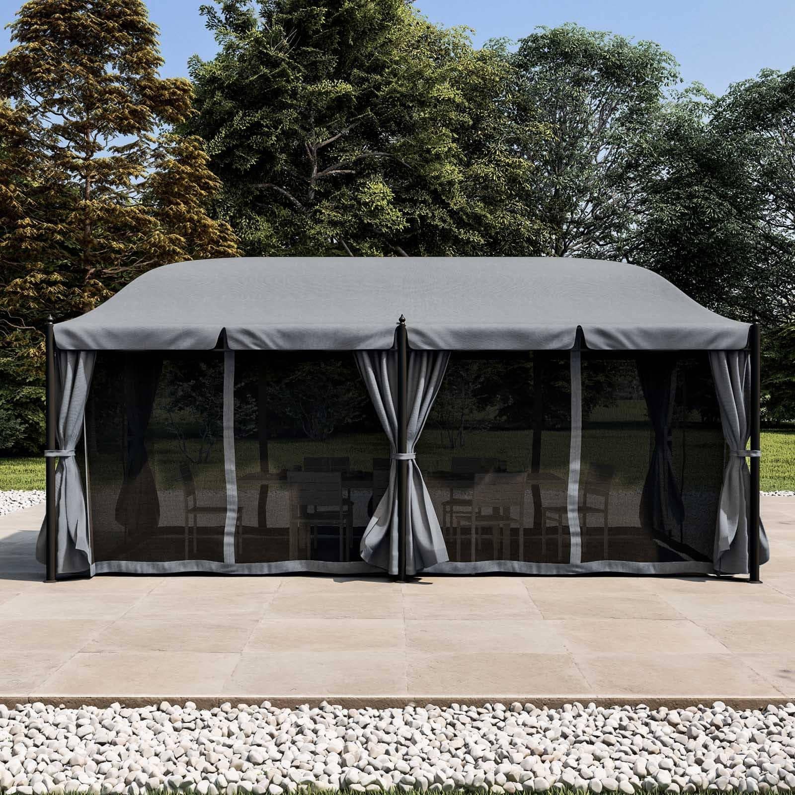 Gazebo 5,9x3 m telo grigio con tende e zanzariere in acciaio antracite - Tindari