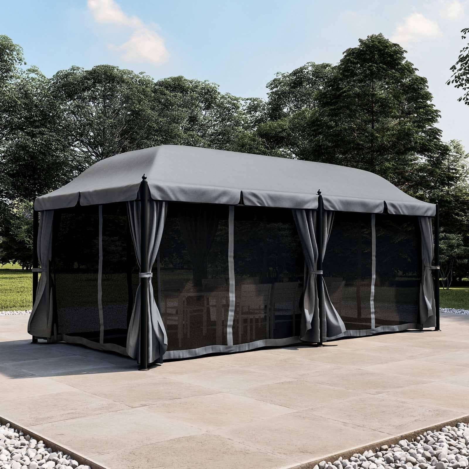 Gazebo 5,9x3 m telo grigio con tende e zanzariere in acciaio antracite - Tindari