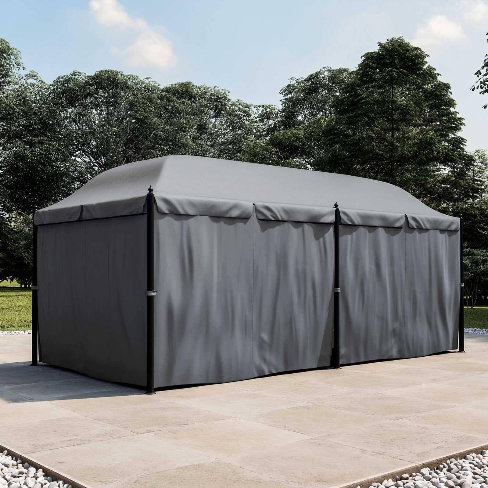 Gazebo 5,9x3 m telo grigio con tende e zanzariere in acciaio antracite - Tindari