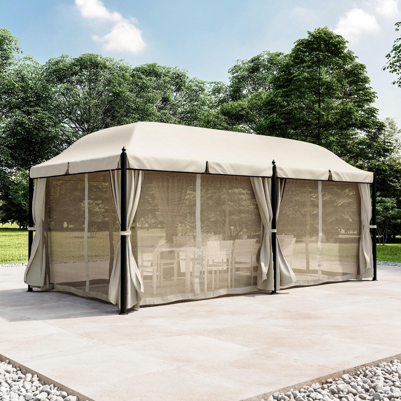 Gazebo 5,9x3 m telo ecrù con tende e zanzariere in acciaio antracite - Tindari