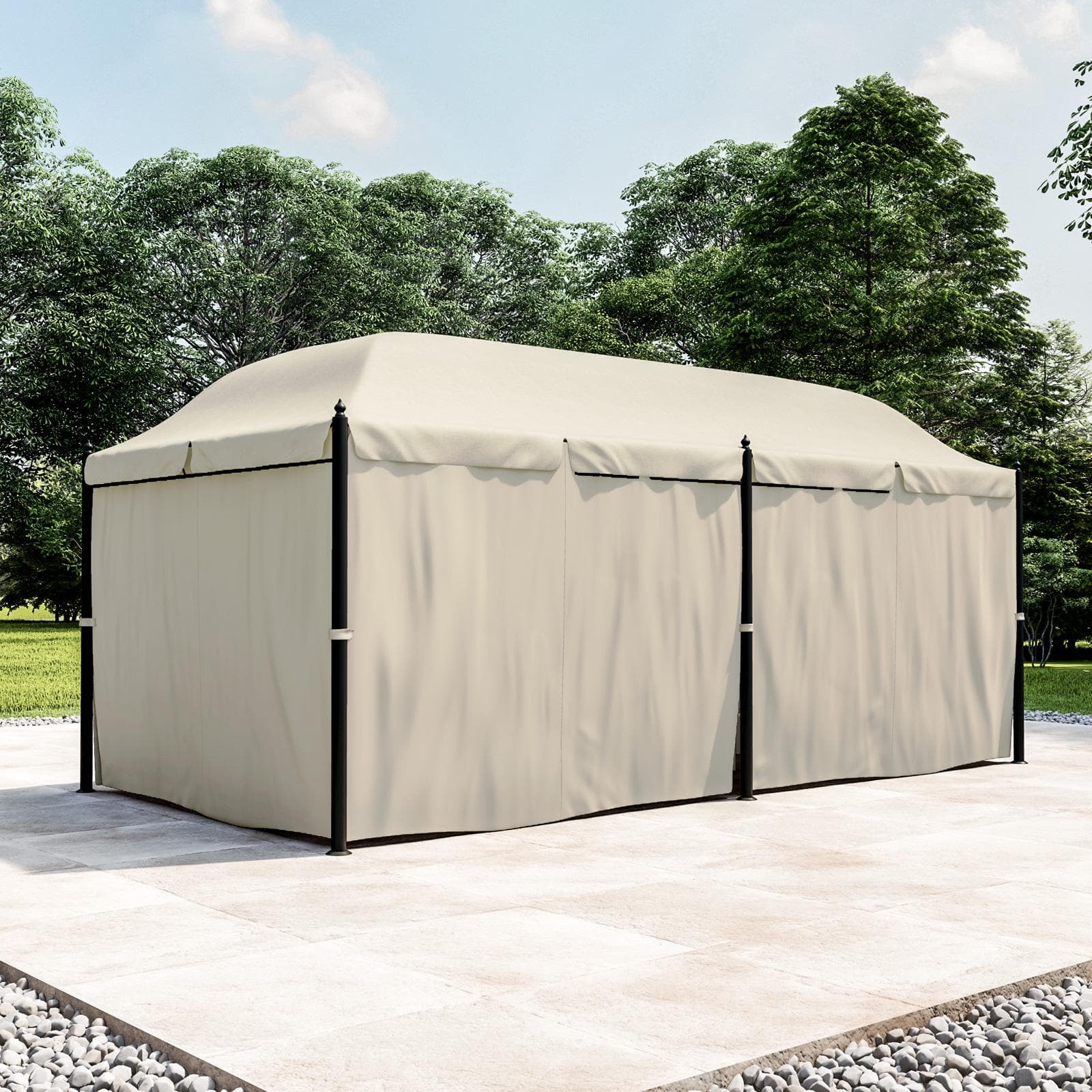 Gazebo 5,9x3 m telo ecrù con tende e zanzariere in acciaio antracite - Tindari