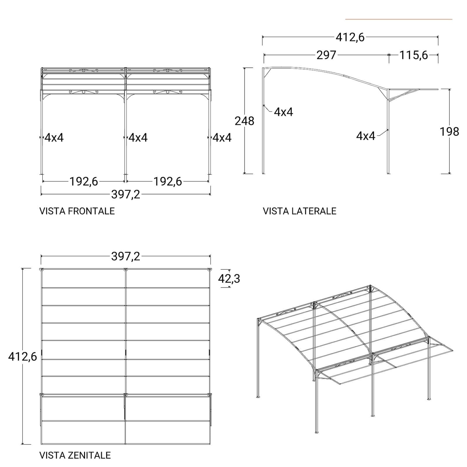 Gazebo pergola 4x4 m in acciaio con telo ecrù a ribalta richiudibile - Tharros