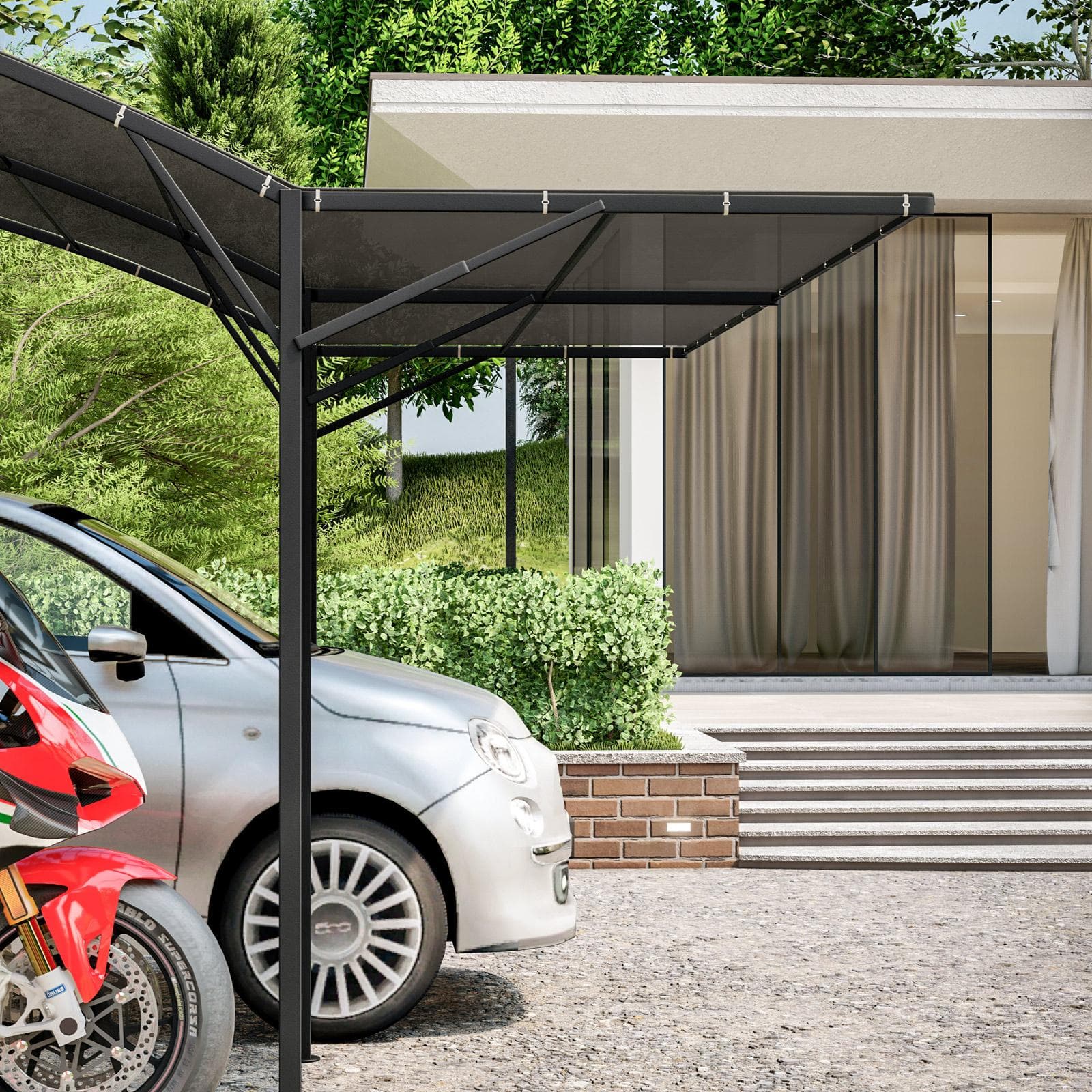 Gazebo pergola 4x4 m in acciaio con telo grigio a ribalta richiudibile - Tharros