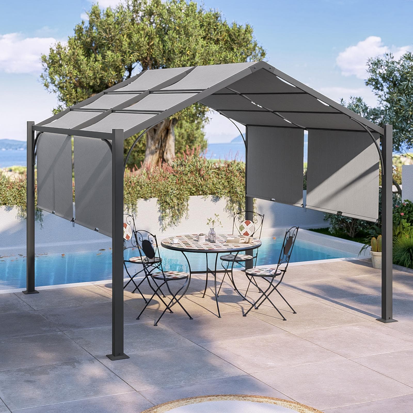 Gazebo piramidale da giardino 3x3 m in acciaio antracite con telo scorrevole grigio - Fulgore