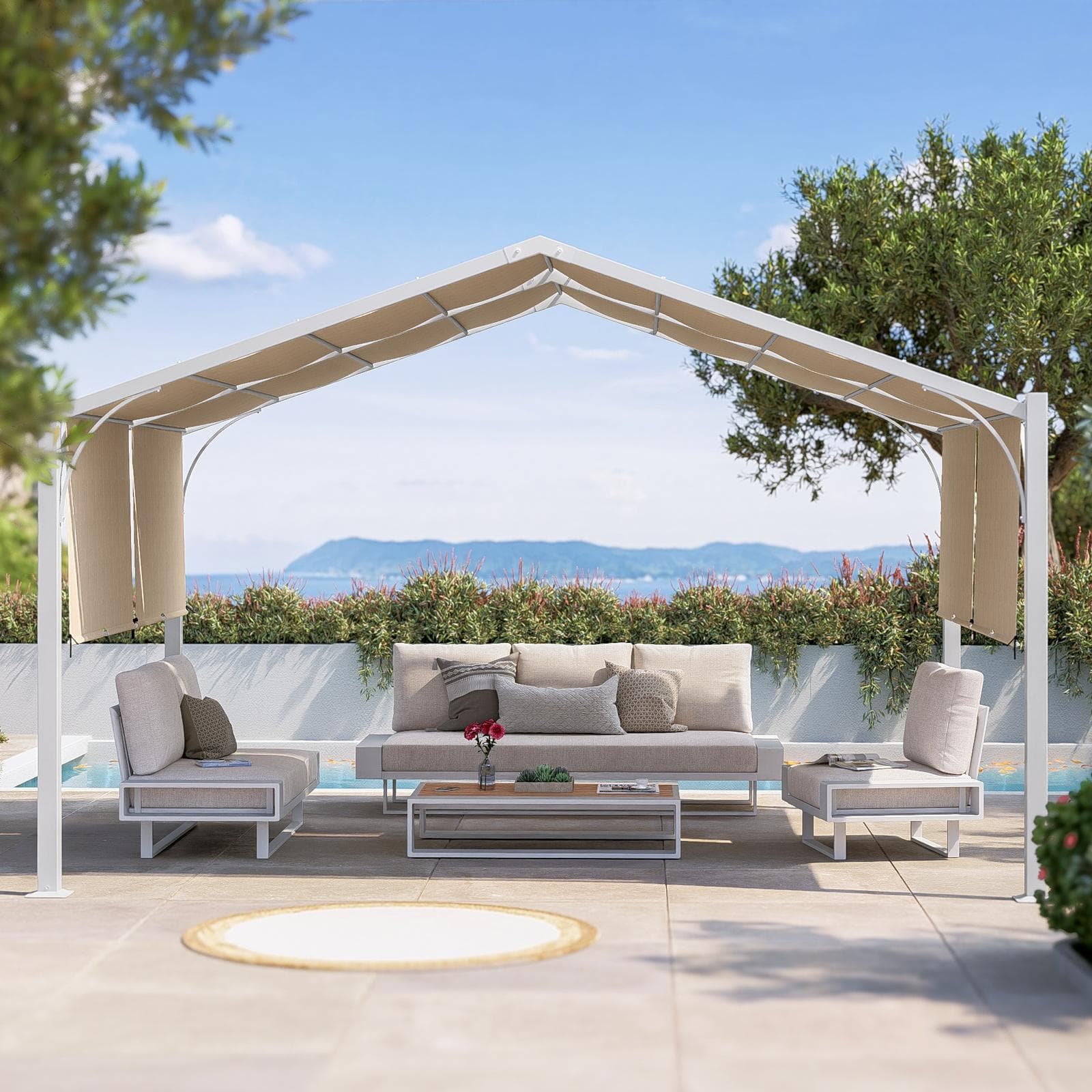 Gazebo piramidale da giardino 3x4 m in acciaio bianco con telo scorrevole ecrù - Fulgore