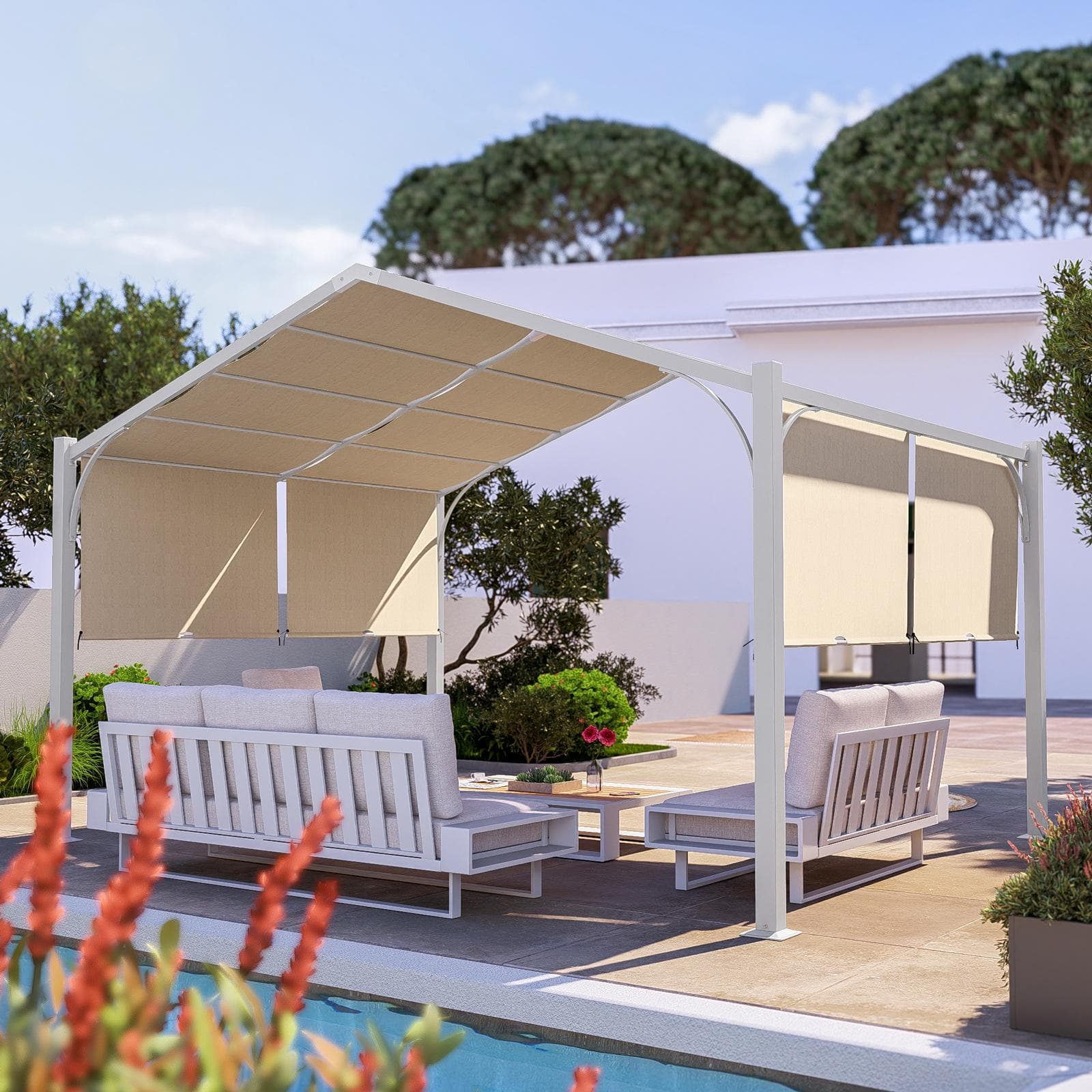 Gazebo piramidale da giardino 3x4 m in acciaio bianco con telo scorrevole ecrù - Fulgore
