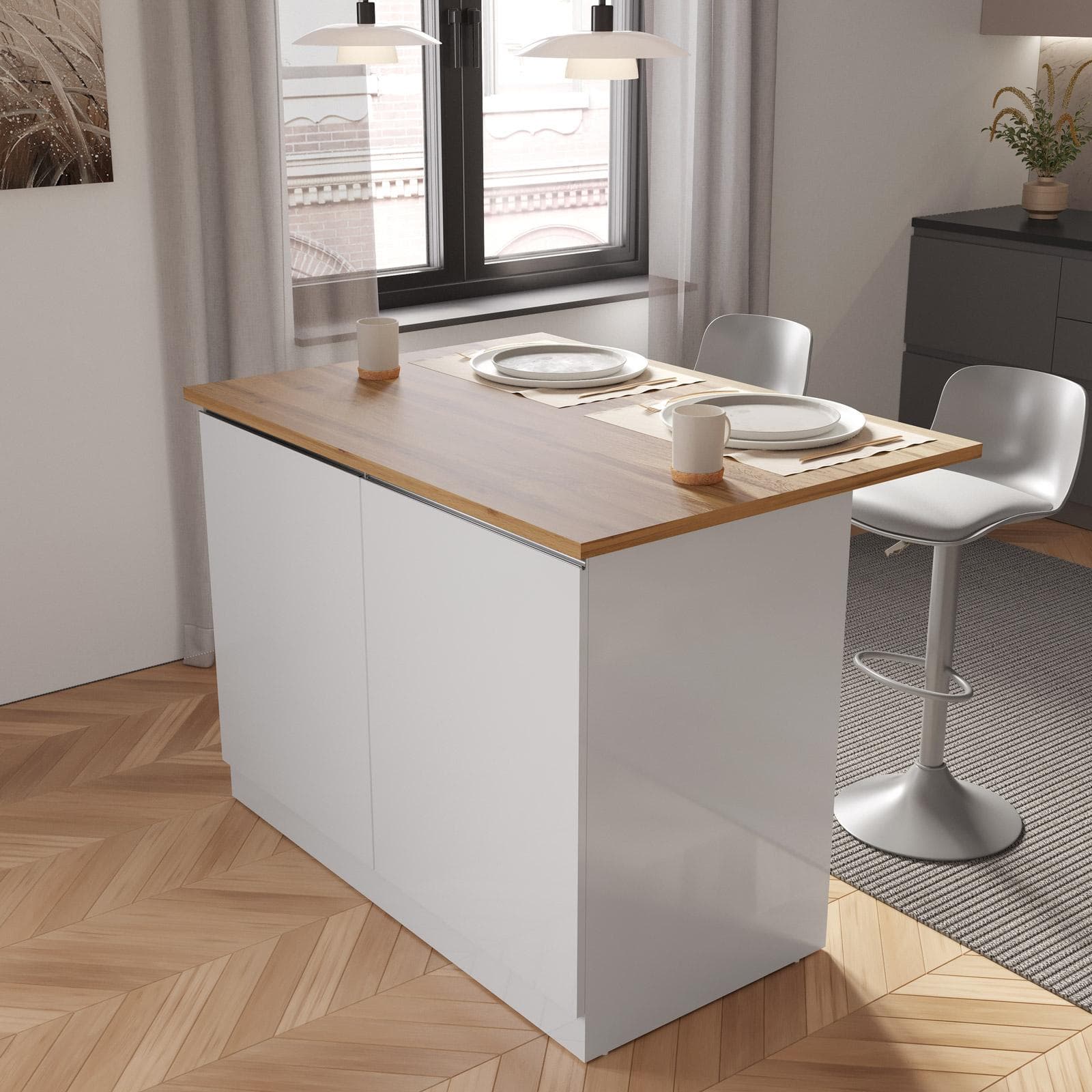 Isola 125x90h cm con 2 ante soft close bianco lucido e rovere wotan - Maira