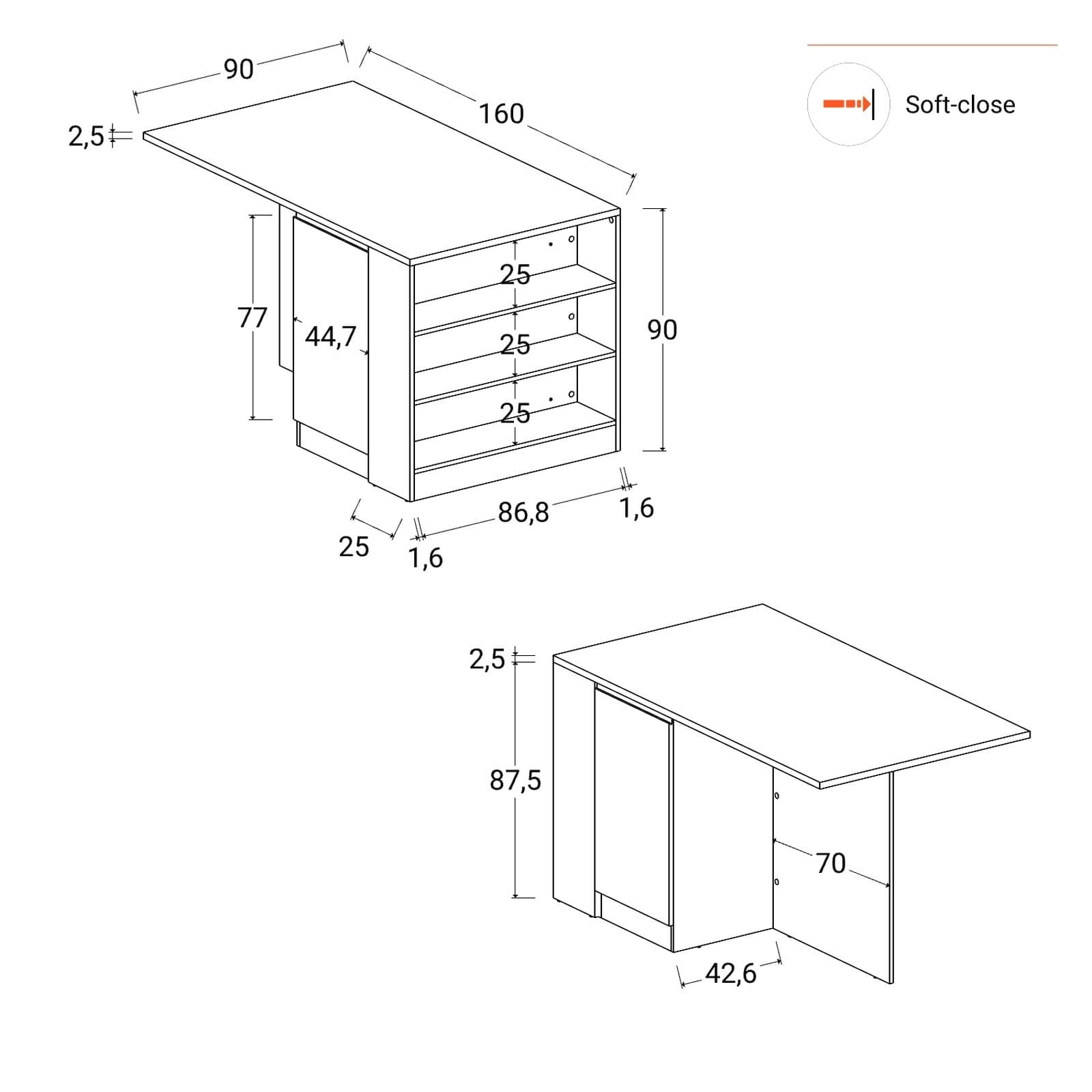 Isola 160x90h cm con vani a giorno e 2 ante con soft close antracite e grigio report - Maira