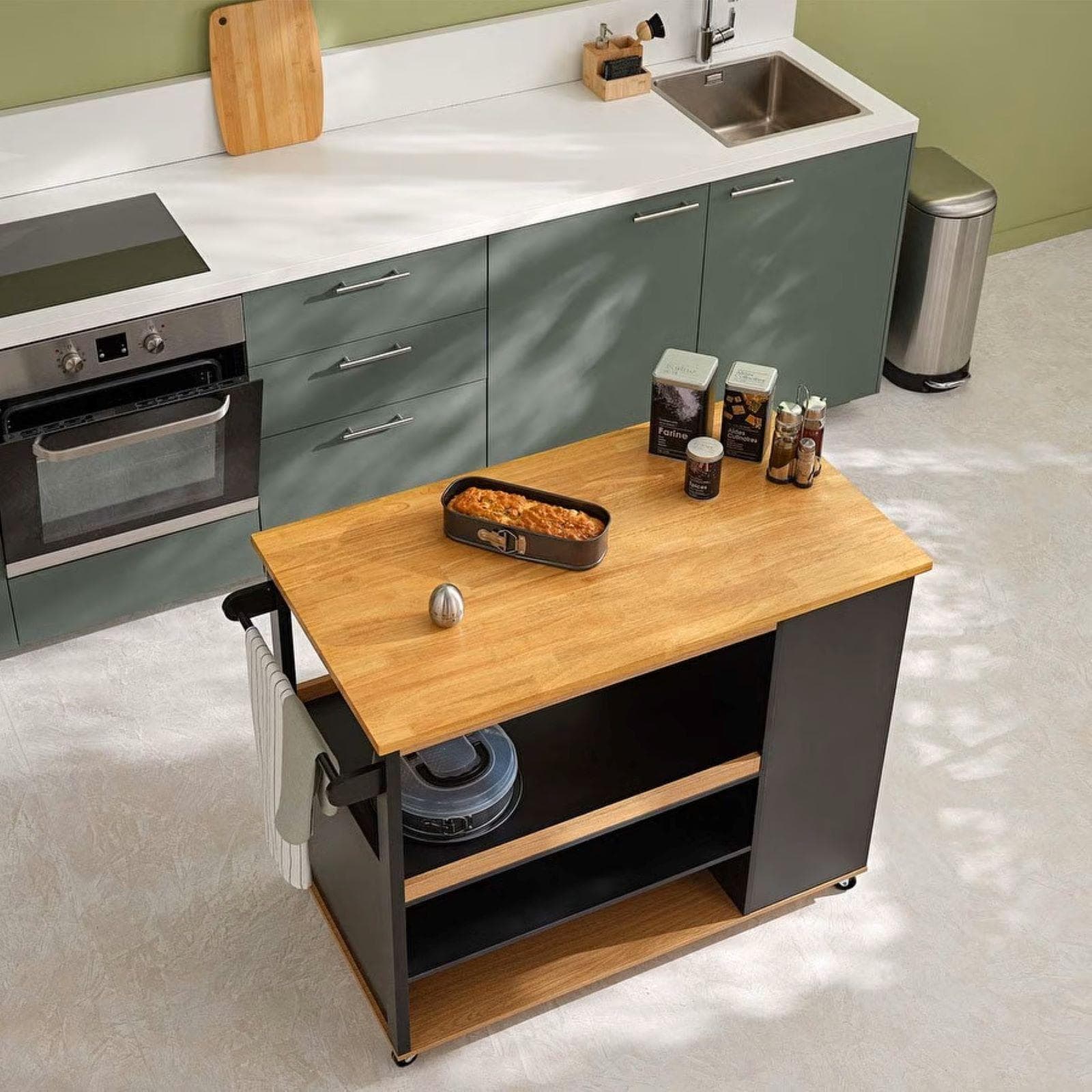 Isola cucina 118x60 cm in legno nero e naturale con vani e ruote