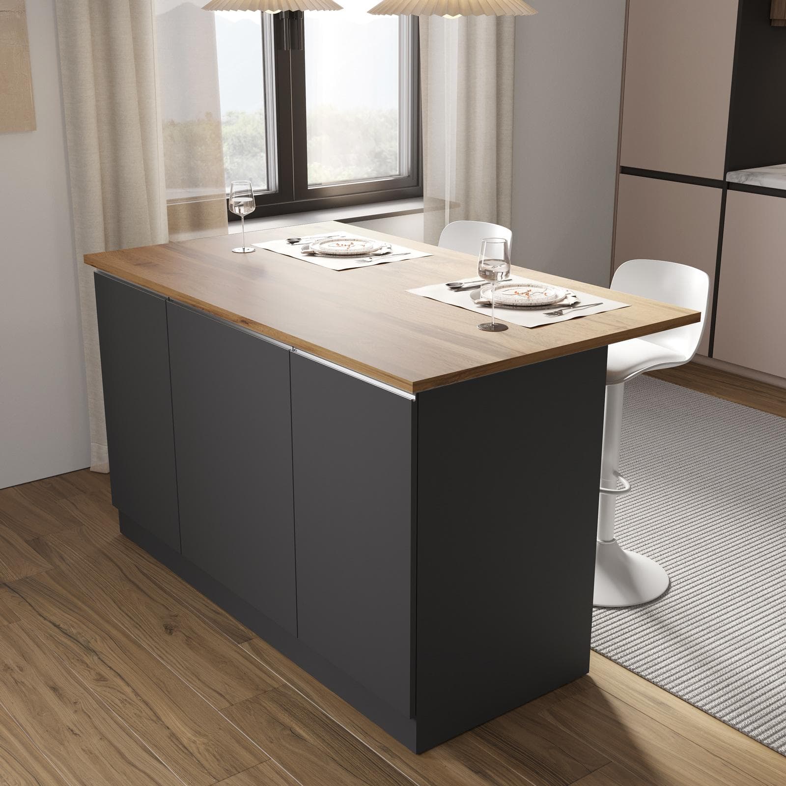 Isola cucina 155x90h cm con 3 ante soft close antracite opaco e rovere wotan - Maira