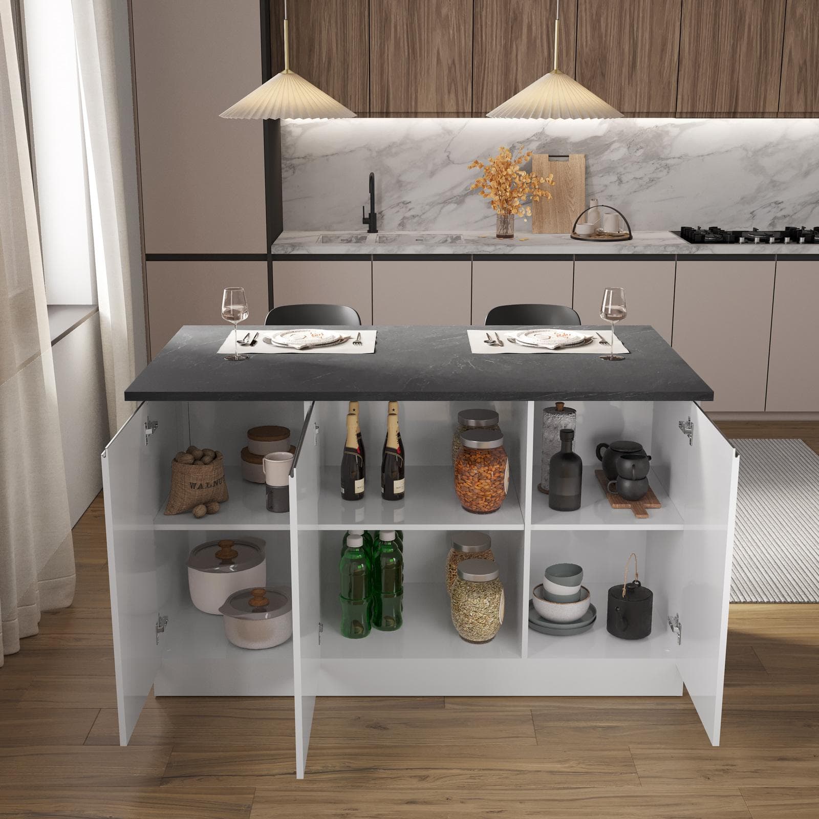 Isola cucina 155x90h cm con 3 ante soft close bianco lucido e grigio report - Maira