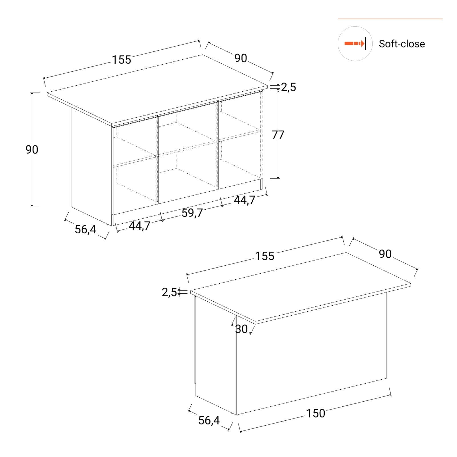 Isola cucina 155x90h cm con 3 ante soft close bianco lucido e grigio report - Maira