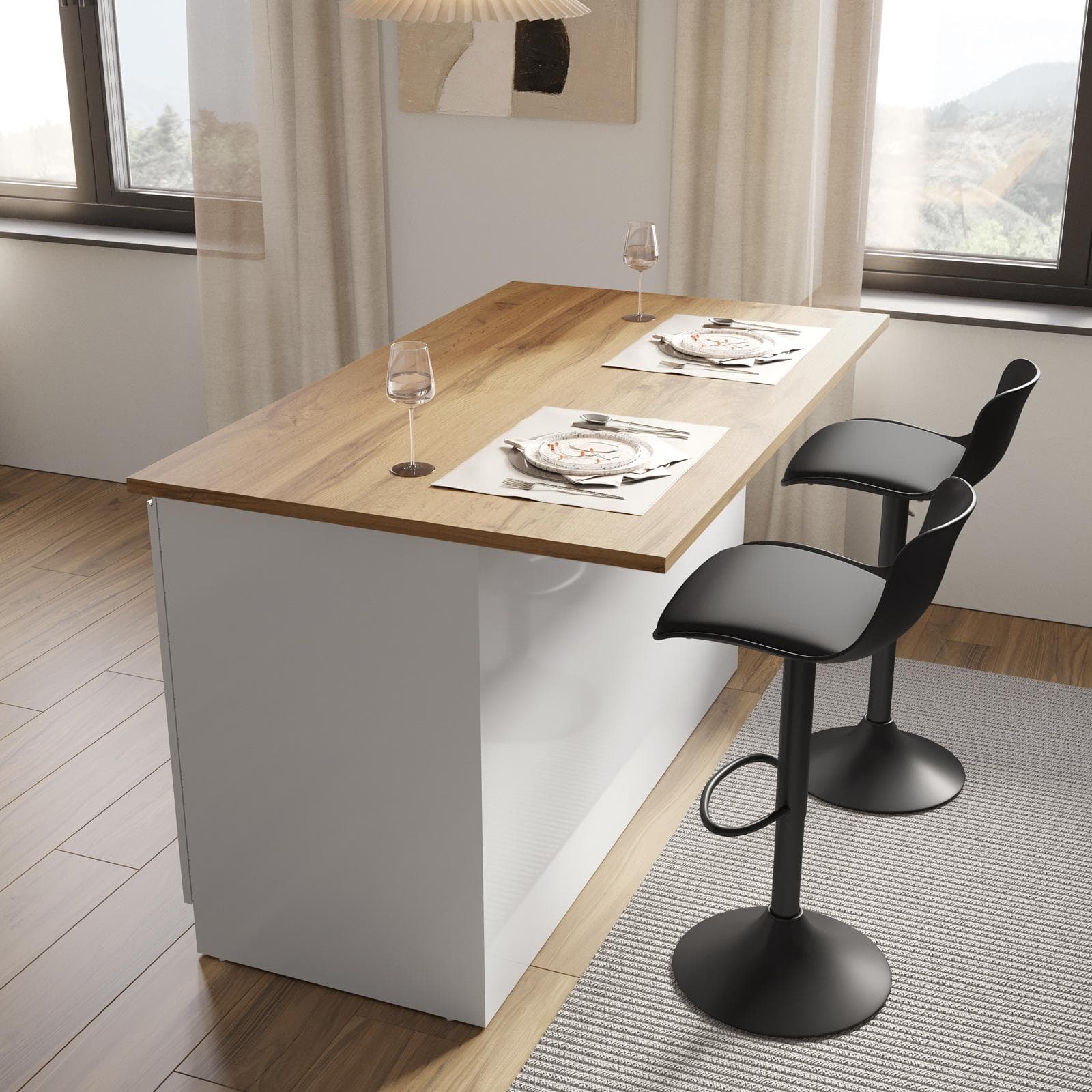 Isola cucina 155x90h cm con 3 ante soft close bianco lucido e rovere wotan - Maira