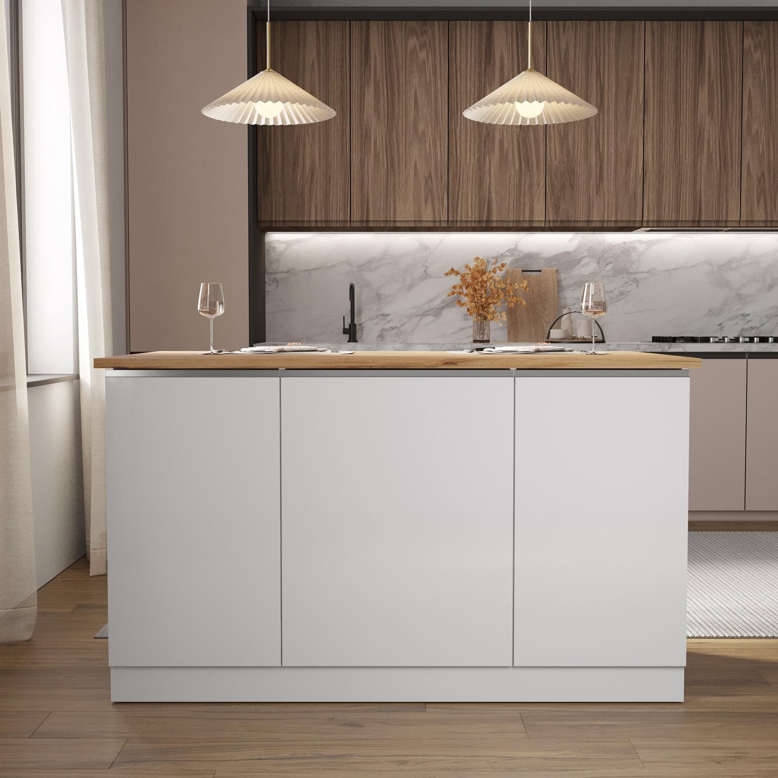 Isola cucina 155x90h cm con 3 ante soft close bianco lucido e rovere wotan - Maira