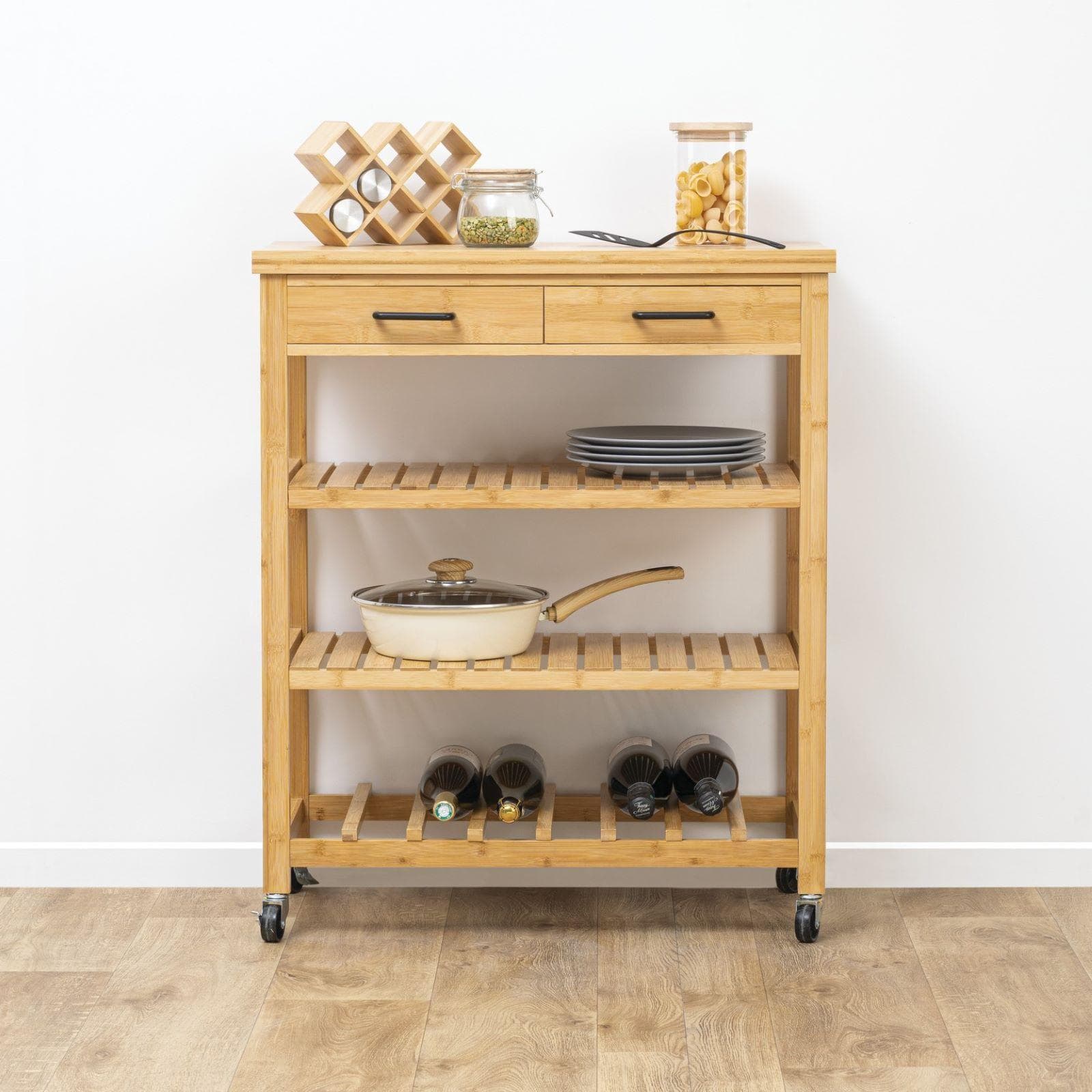 Isola cucina 75x90h cm in legno di bambù con 3 ripiani e 2 cassetti - Fabrique