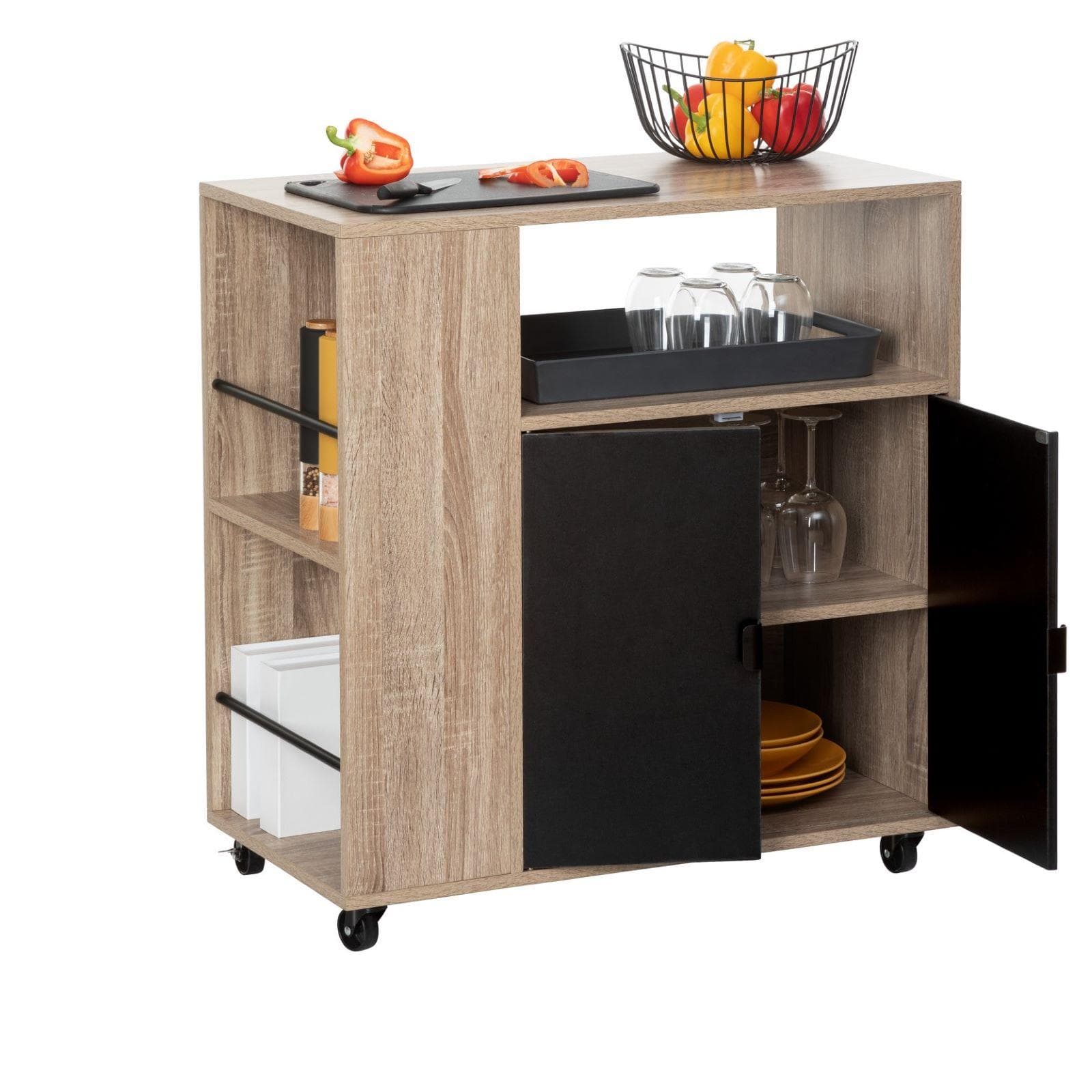 Isola cucina 76x80h cm reversibile effetto rovere e nero con 2 ante e ruote - Emyl