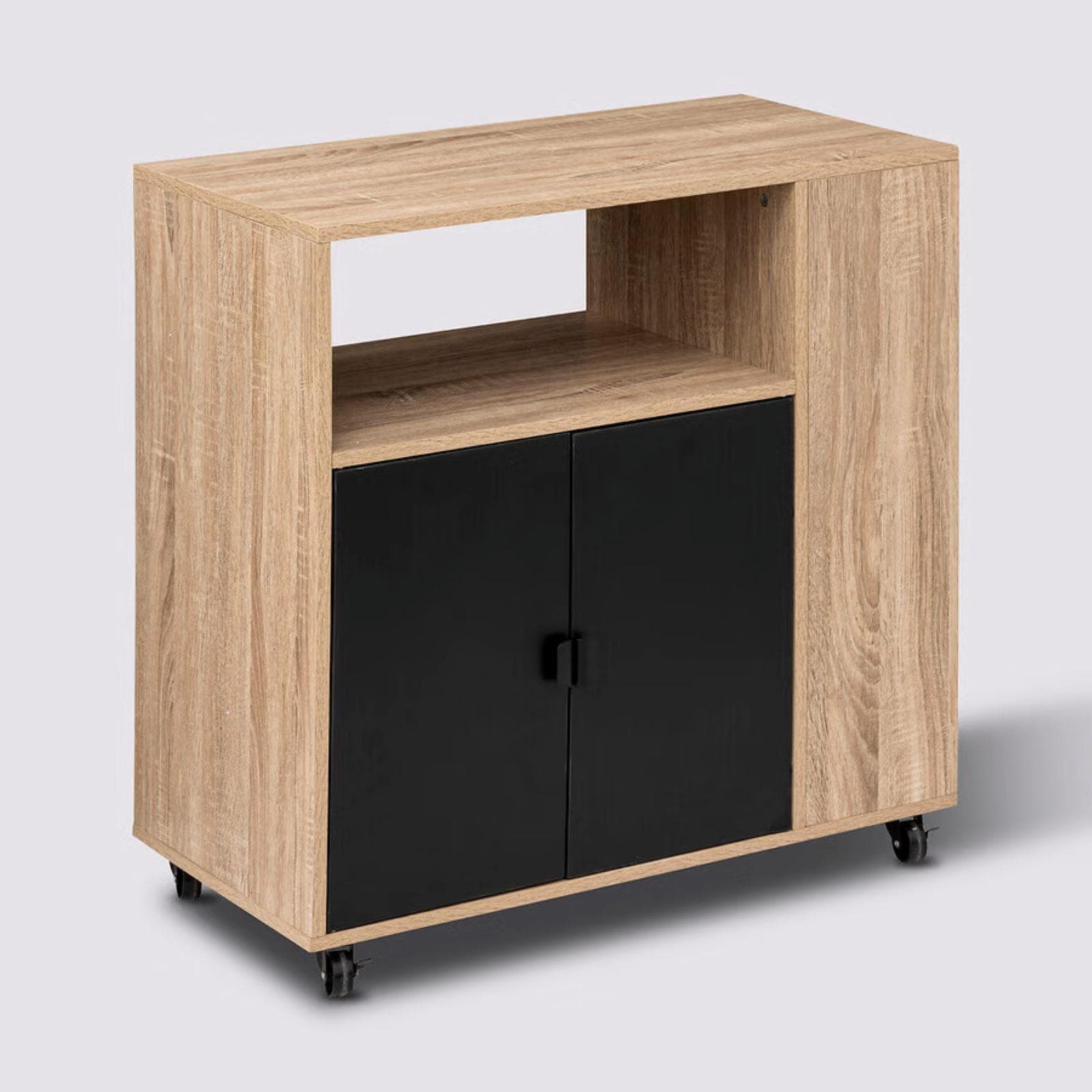 Isola cucina 76x80h cm reversibile effetto rovere e nero con 2 ante e ruote - Emyl