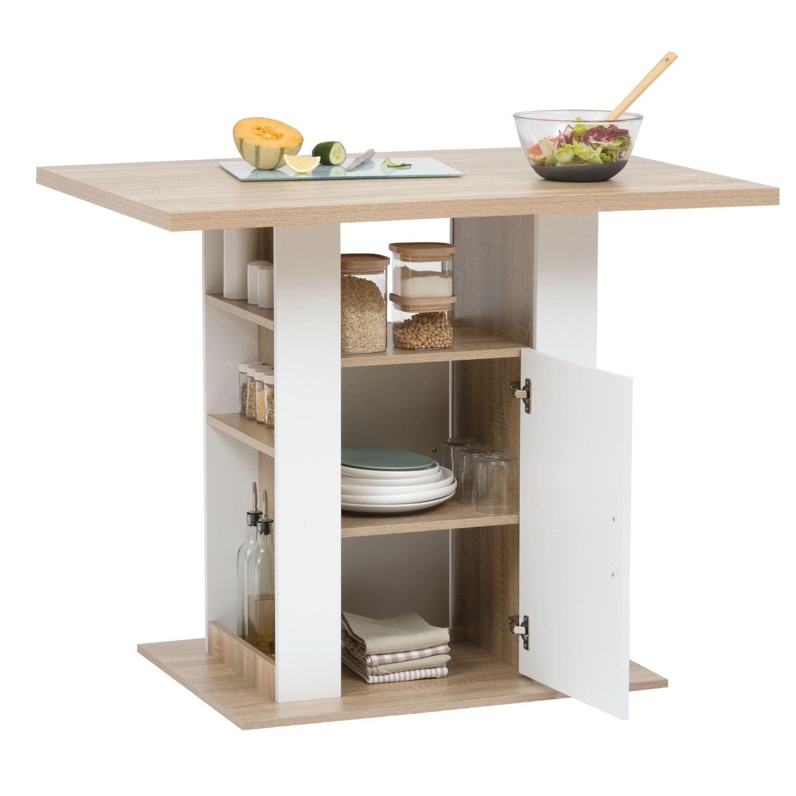 Isola cucina 90x110h cm in legno bianco e naturale con vani a giorno e 1 anta