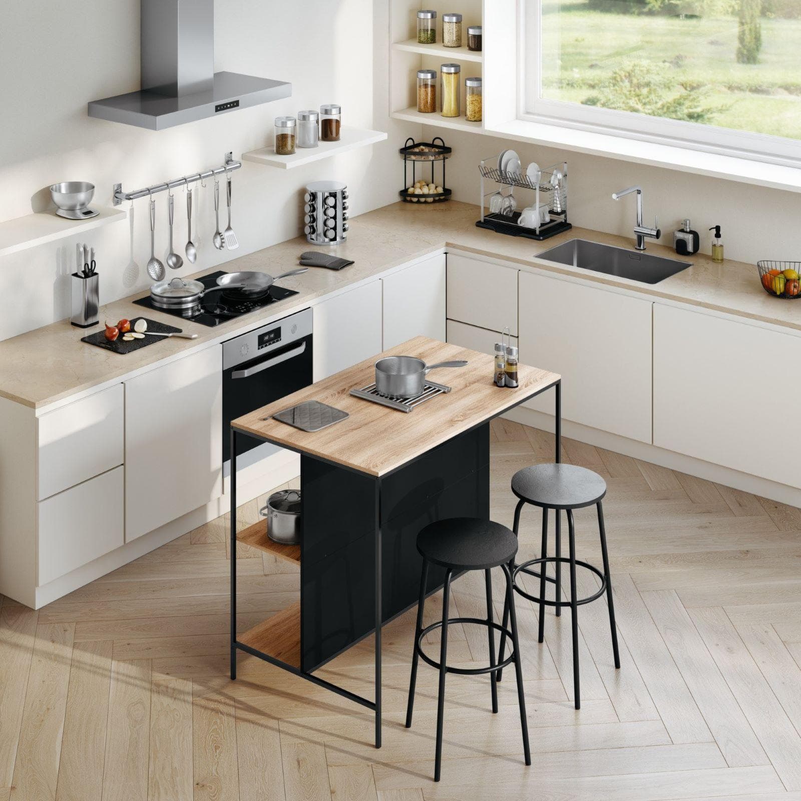 Isola cucina 115x70 cm top e ripiani effetto rovere e struttura in metallo nero - Damaris
