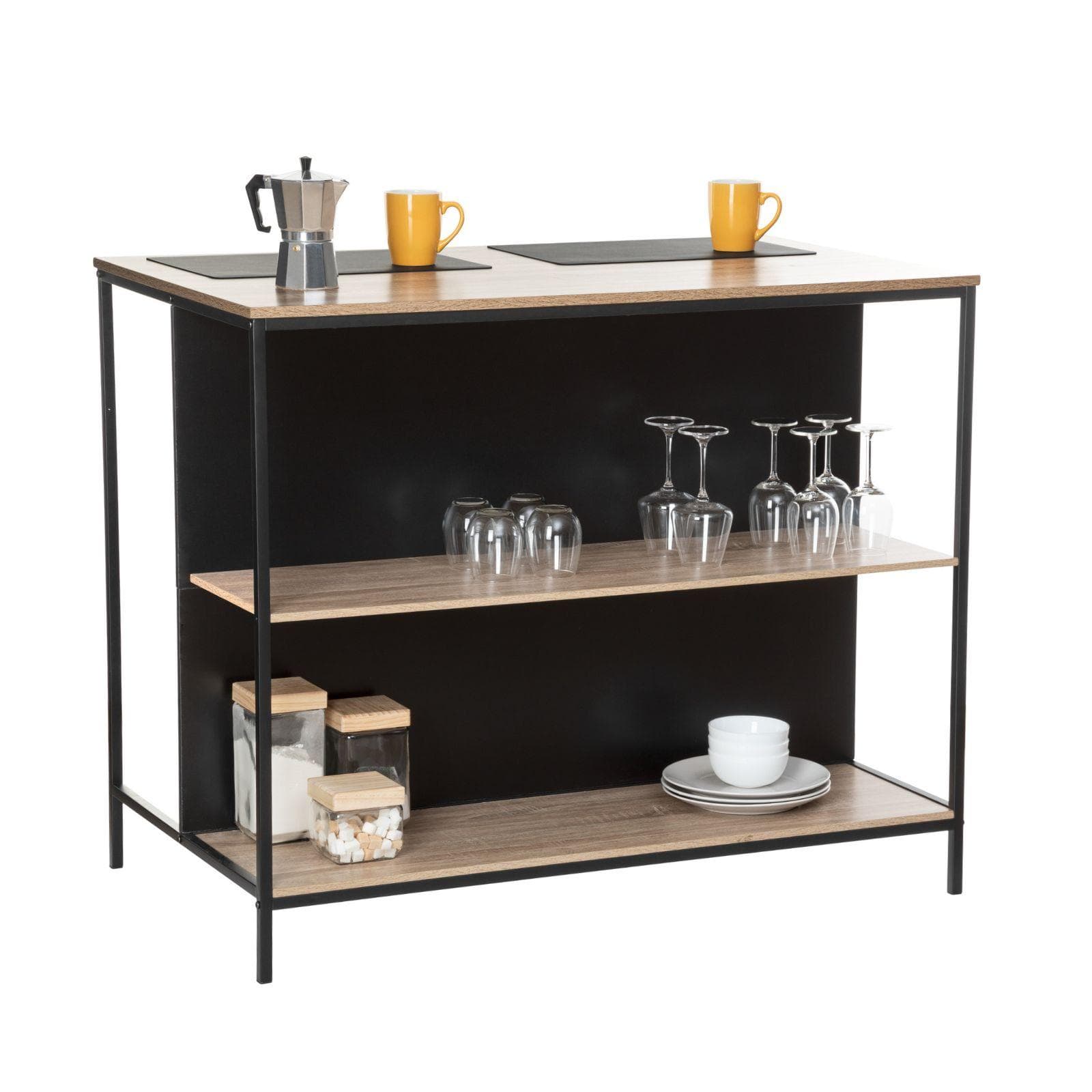 Isola cucina 115x70 cm top e ripiani effetto rovere e struttura in metallo nero - Damaris