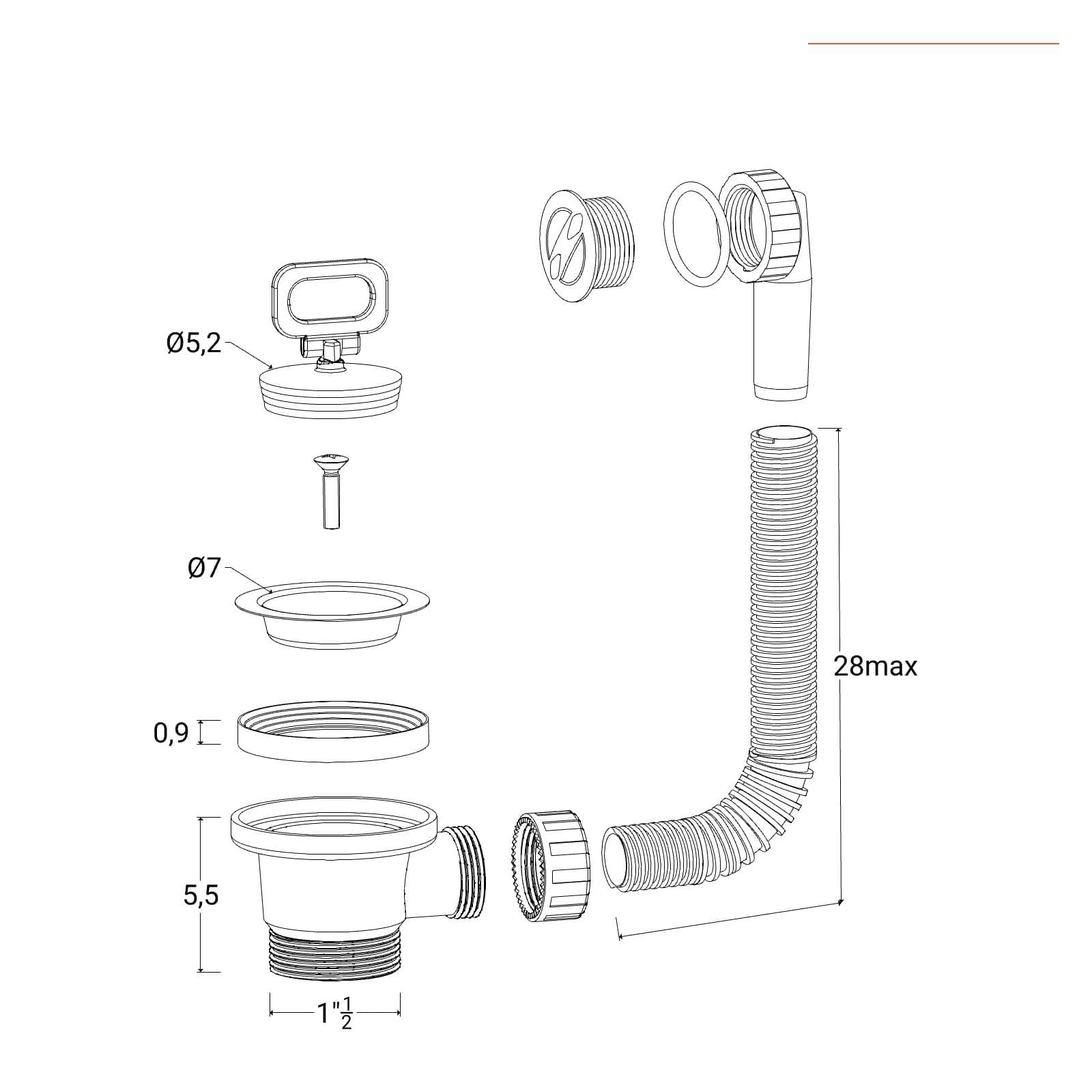 Kit scarico universale per lavatoio con sifone piletta troppopieno in materiale plastico