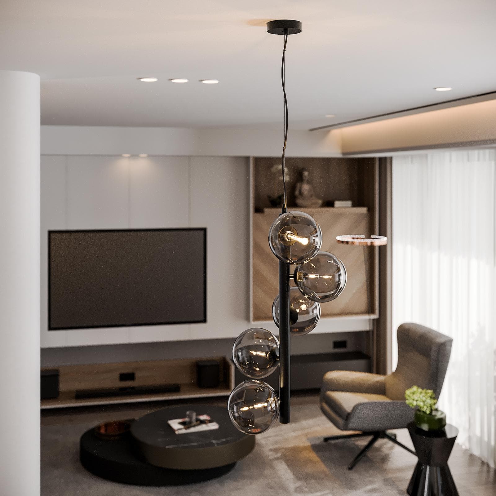 Lampada a sospensione da interno 36x183h cm in vetro soffiato fumè