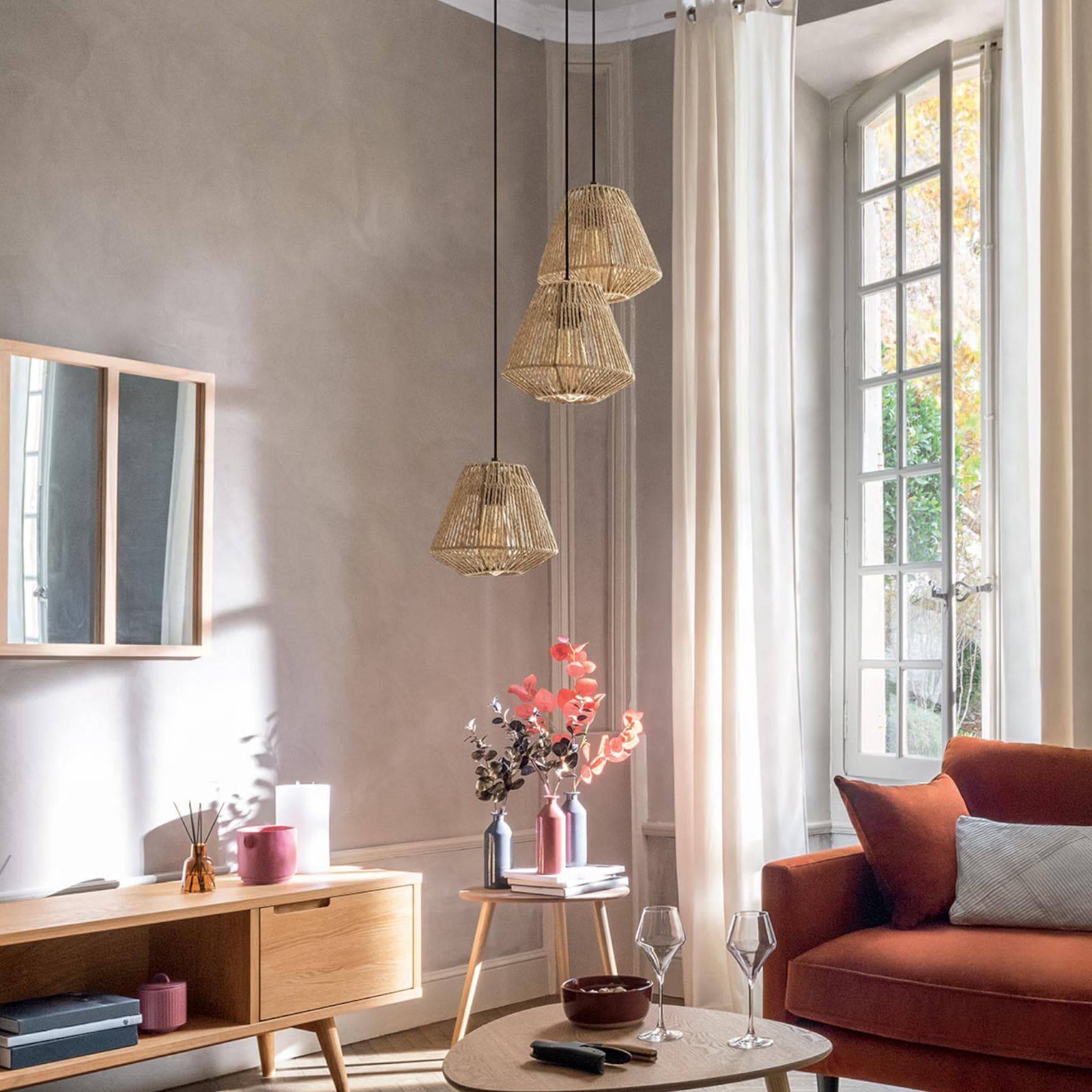 Lampada sospesa h 95 cm intreccio in corda naturale con 3 punti luce - Margot