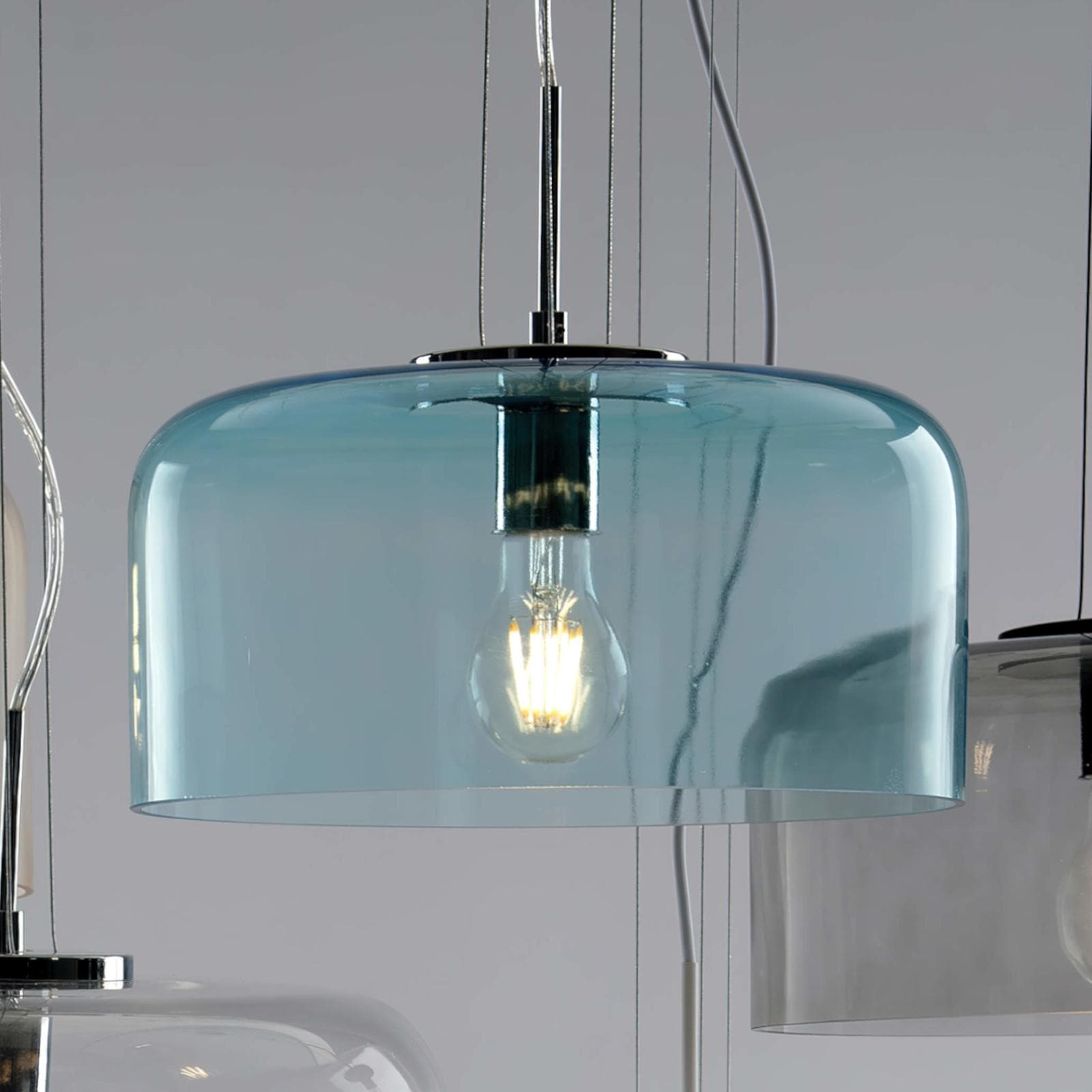 Lampada a sospensione per interno 30x150h cm in vetro blu lucido