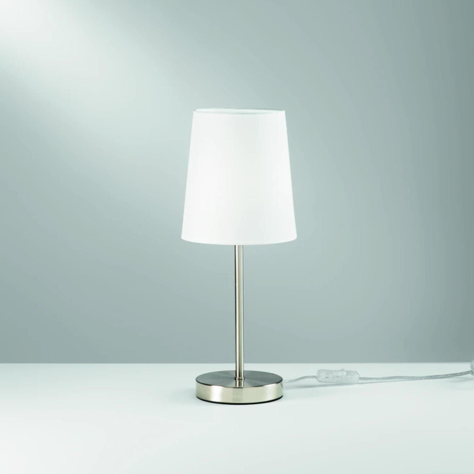 Lampada da appoggio rotonda 15 cm in metallo cromo con paralume bianco