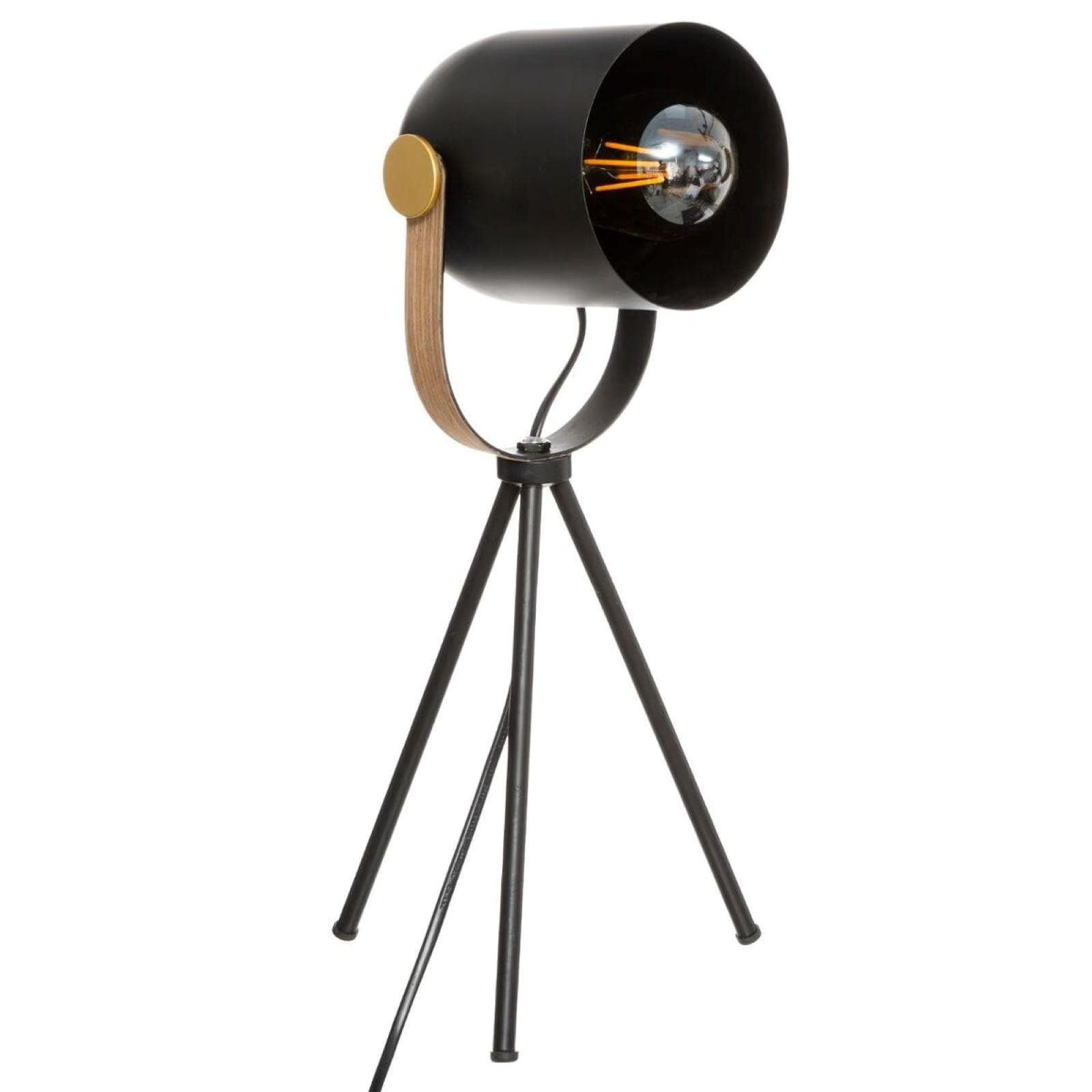 Lampada da tavolo 45h cm treppiede in metallo nero ed effetto legno
