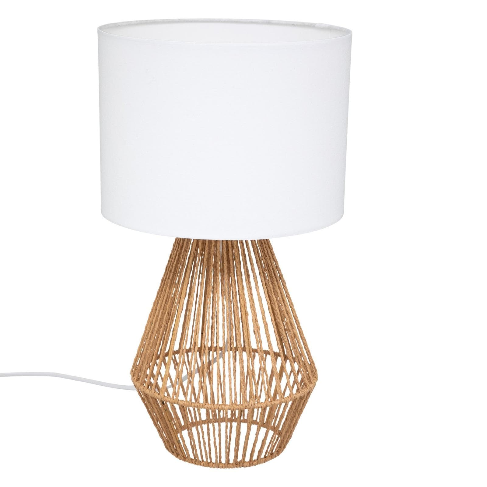 Lampada da tavolo in corda naturale e acciaio con paralume in cotone bianco