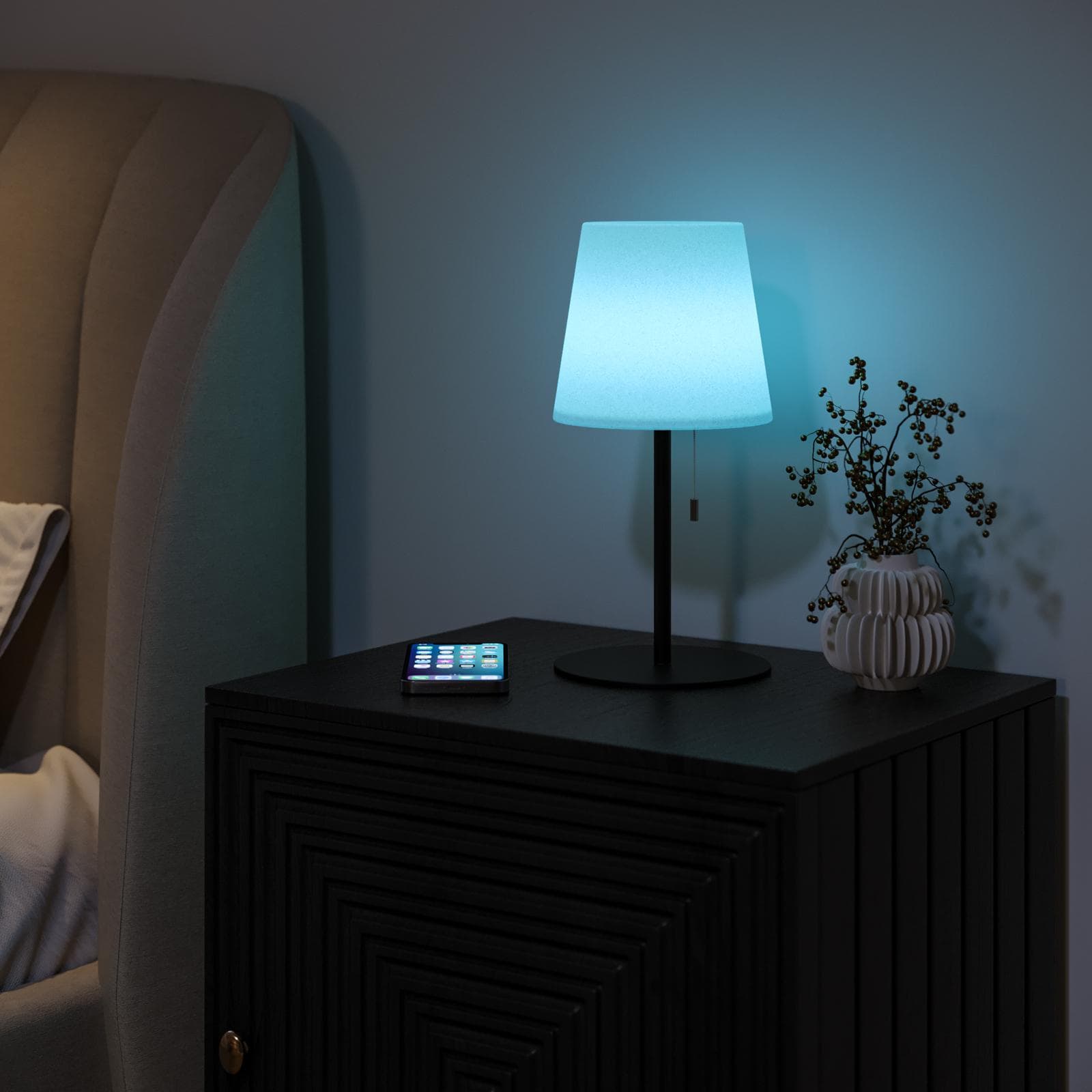 Lampada LED portatile paralume rotondo 15 cm in alluminio nero con catenella - Sazerac