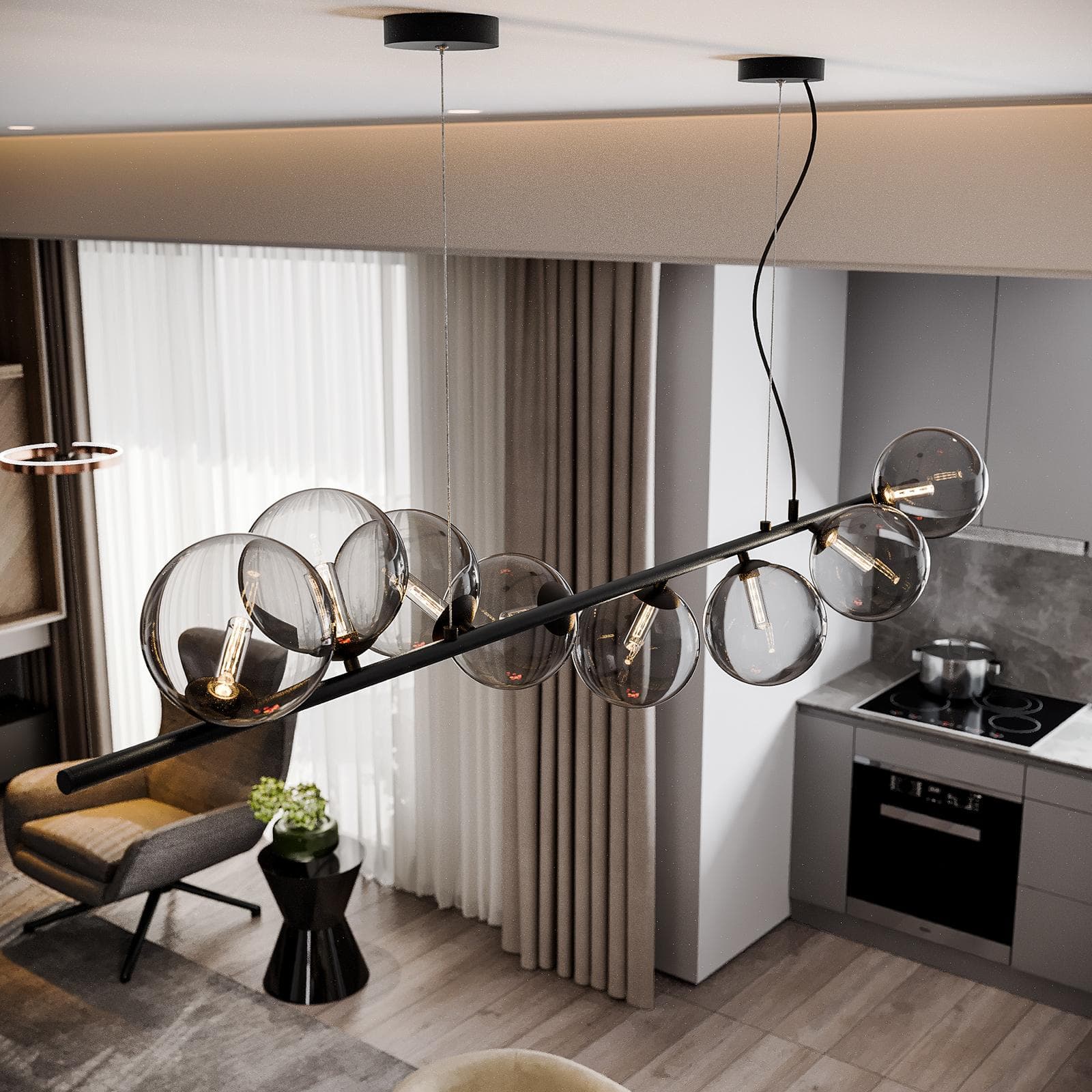 Lampada sospesa 145x33,5 cm in metallo nero con diffusori in vetro fumè