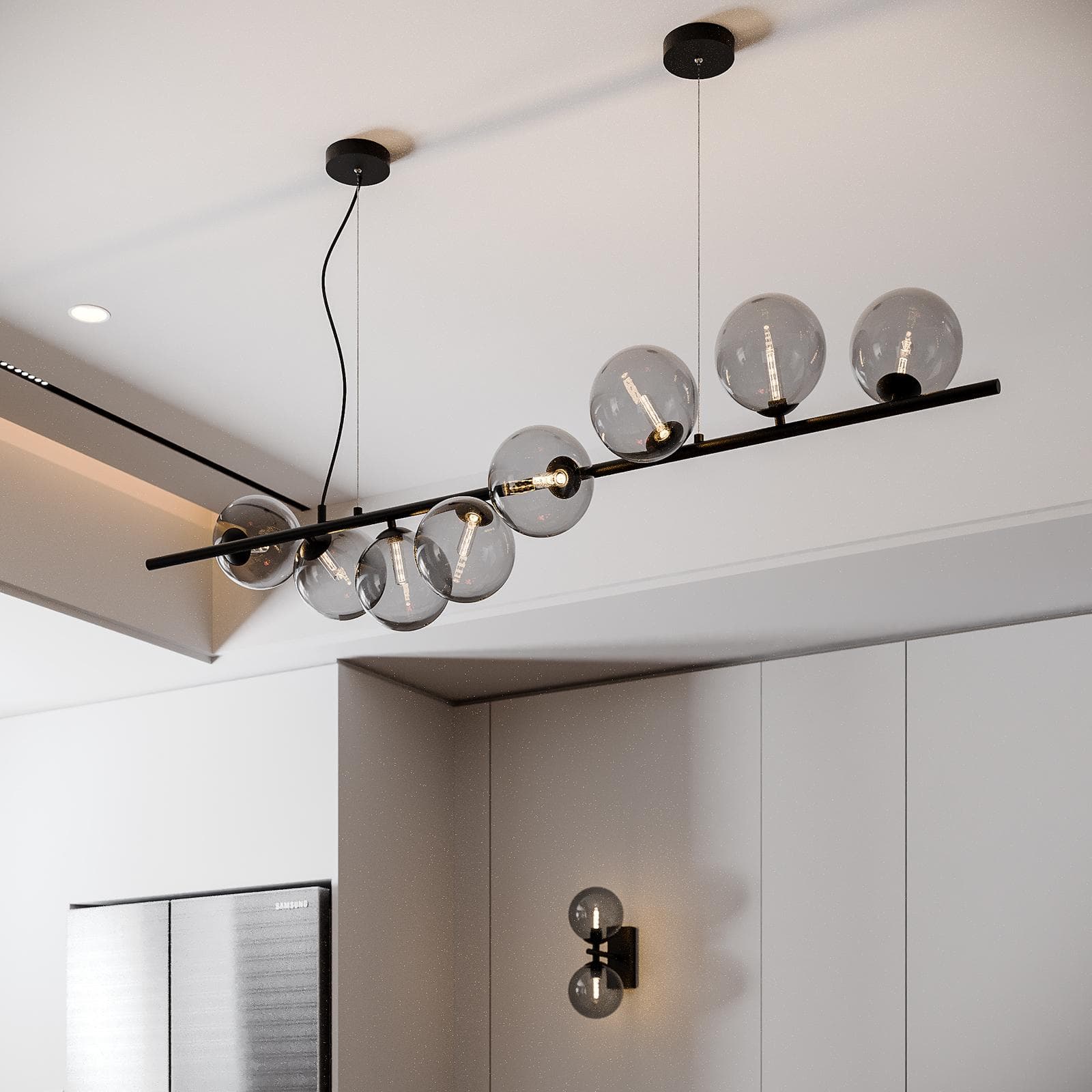Lampada sospesa 145x33,5 cm in metallo nero con diffusori in vetro fumè