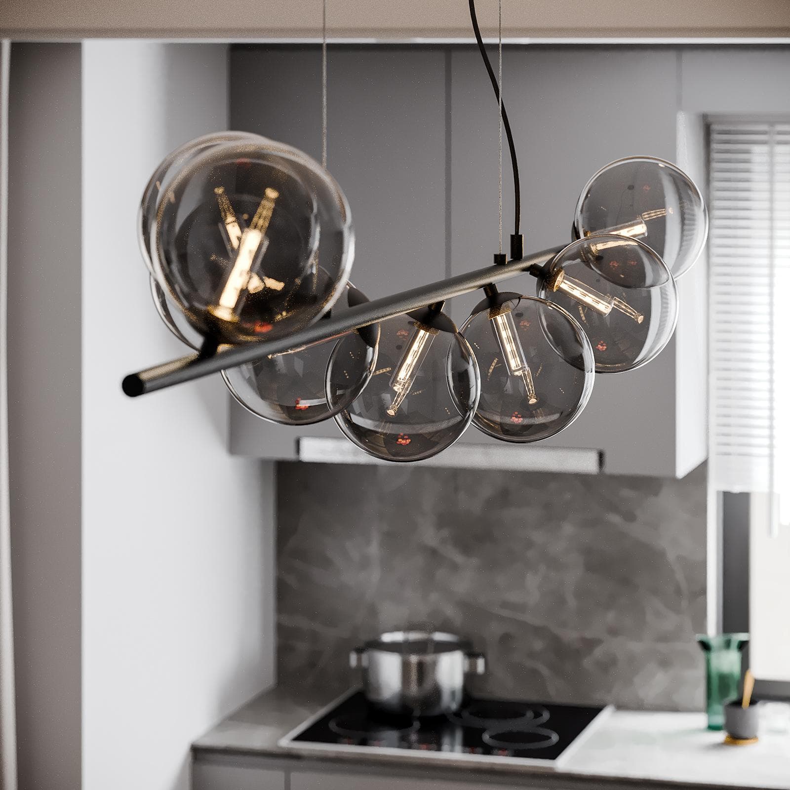 Lampada sospesa 145x33,5 cm in metallo nero con diffusori in vetro fumè