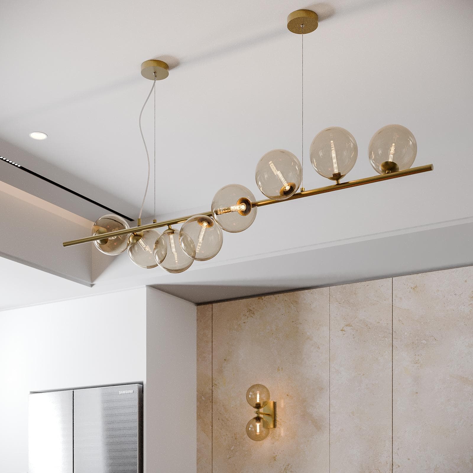 Lampada sospesa 145x33,5 cm in metallo oro con diffusori in vetro champagne