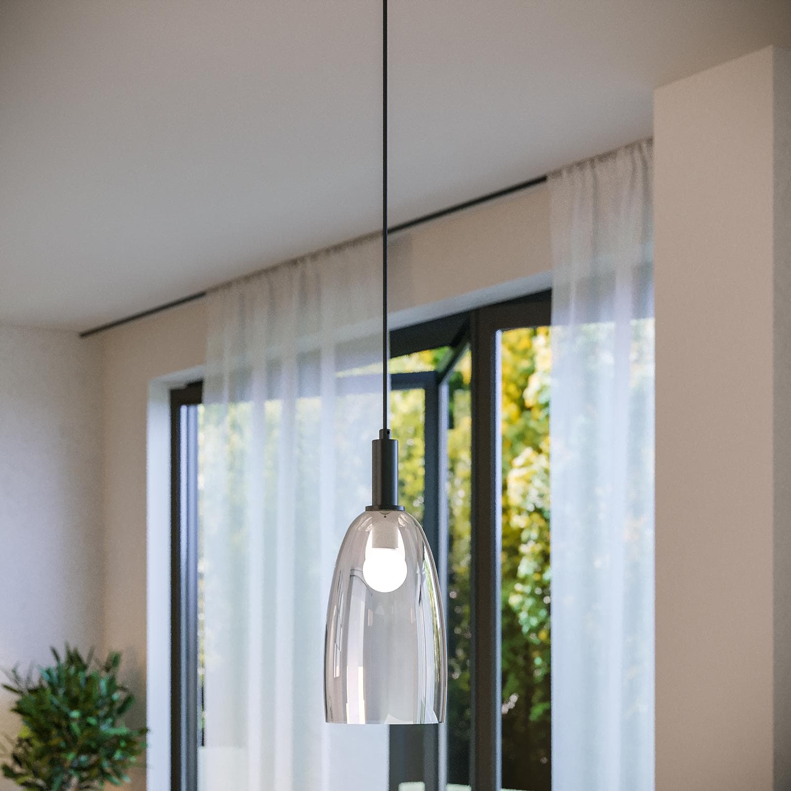 Lampada sospesa 14x150 h cm in metallo nero con diffusore in vetro cromo