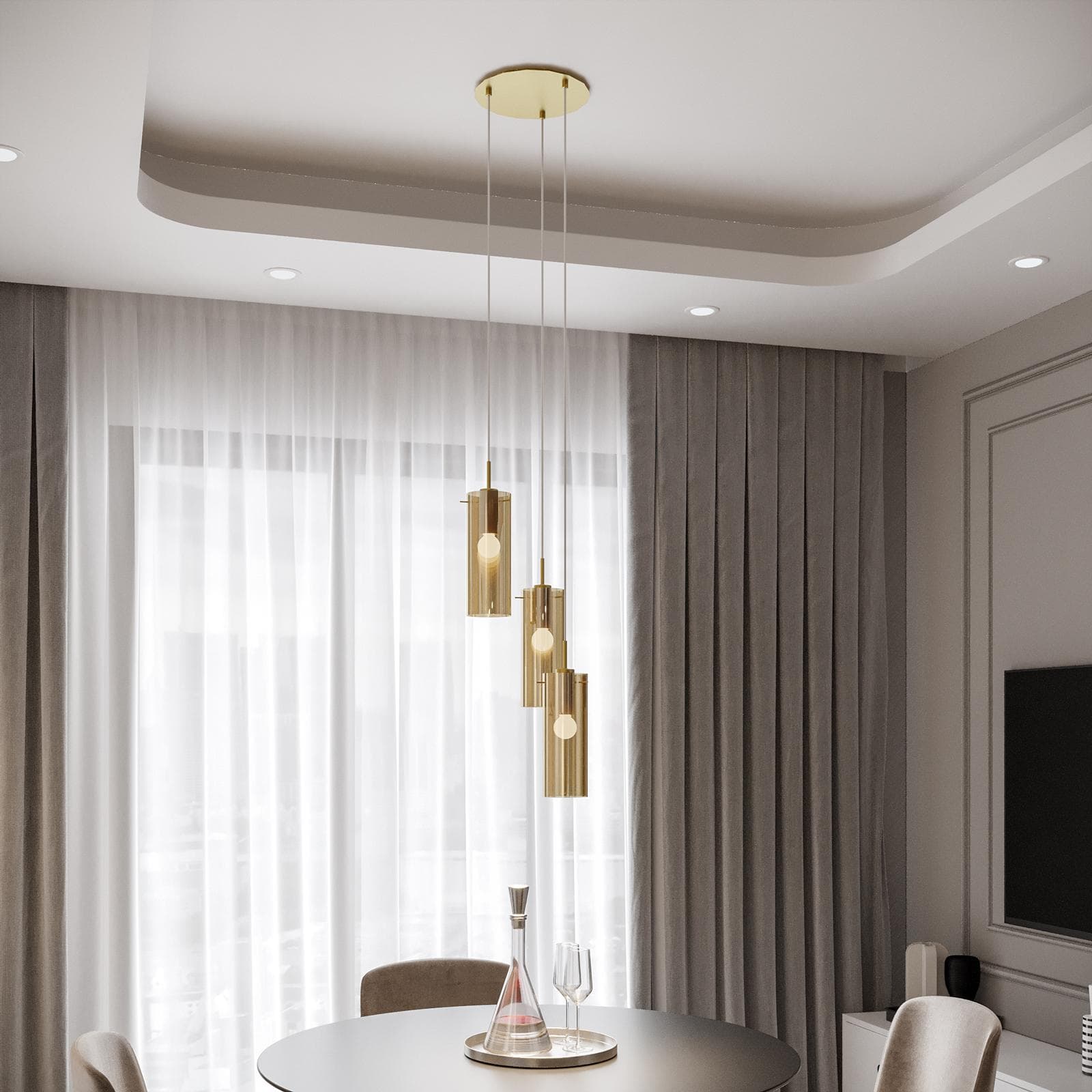 Lampada sospesa 27x150 h cm in metallo oro con diffusore in vetro ambra