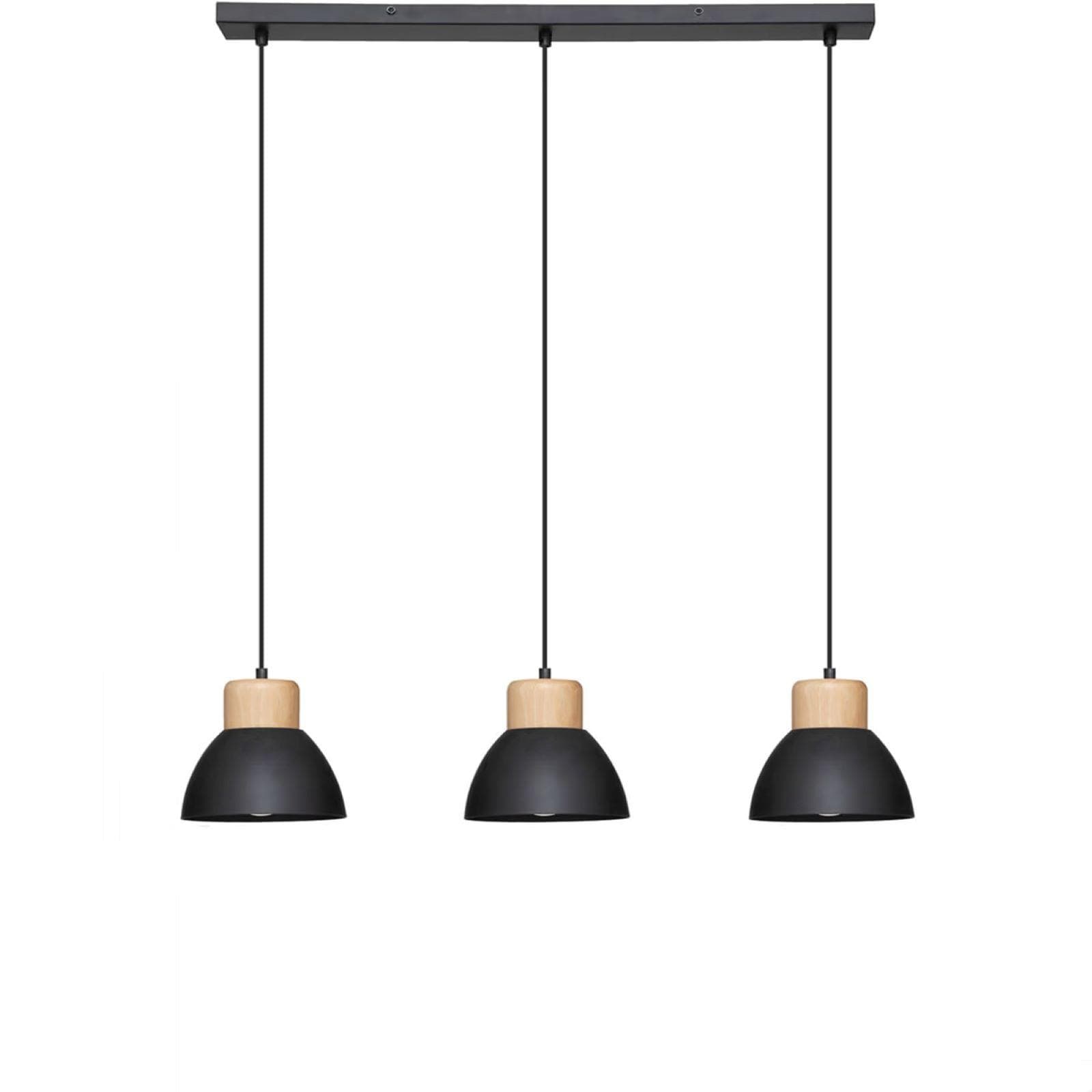 Lampada sospesa 64 cm in metallo nero e legno con 3 punti luce