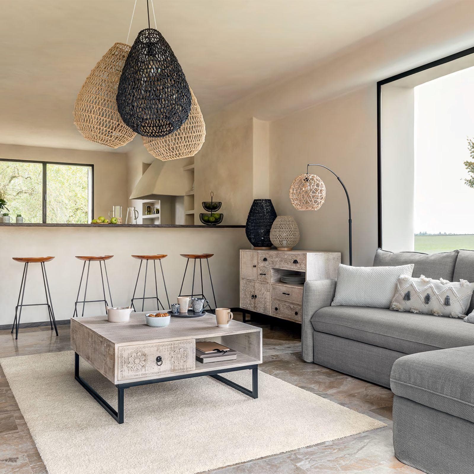 Lampada sospesa a goccia 38 cm intrecciata in corda beige - Enrika