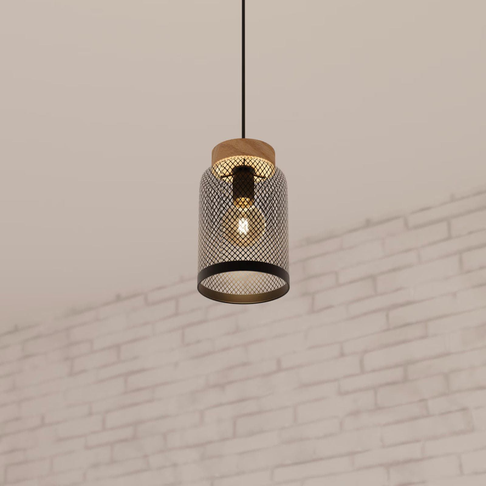 Lampada sospesa rotonda 15 cm a cilindro in metallo nero e legno