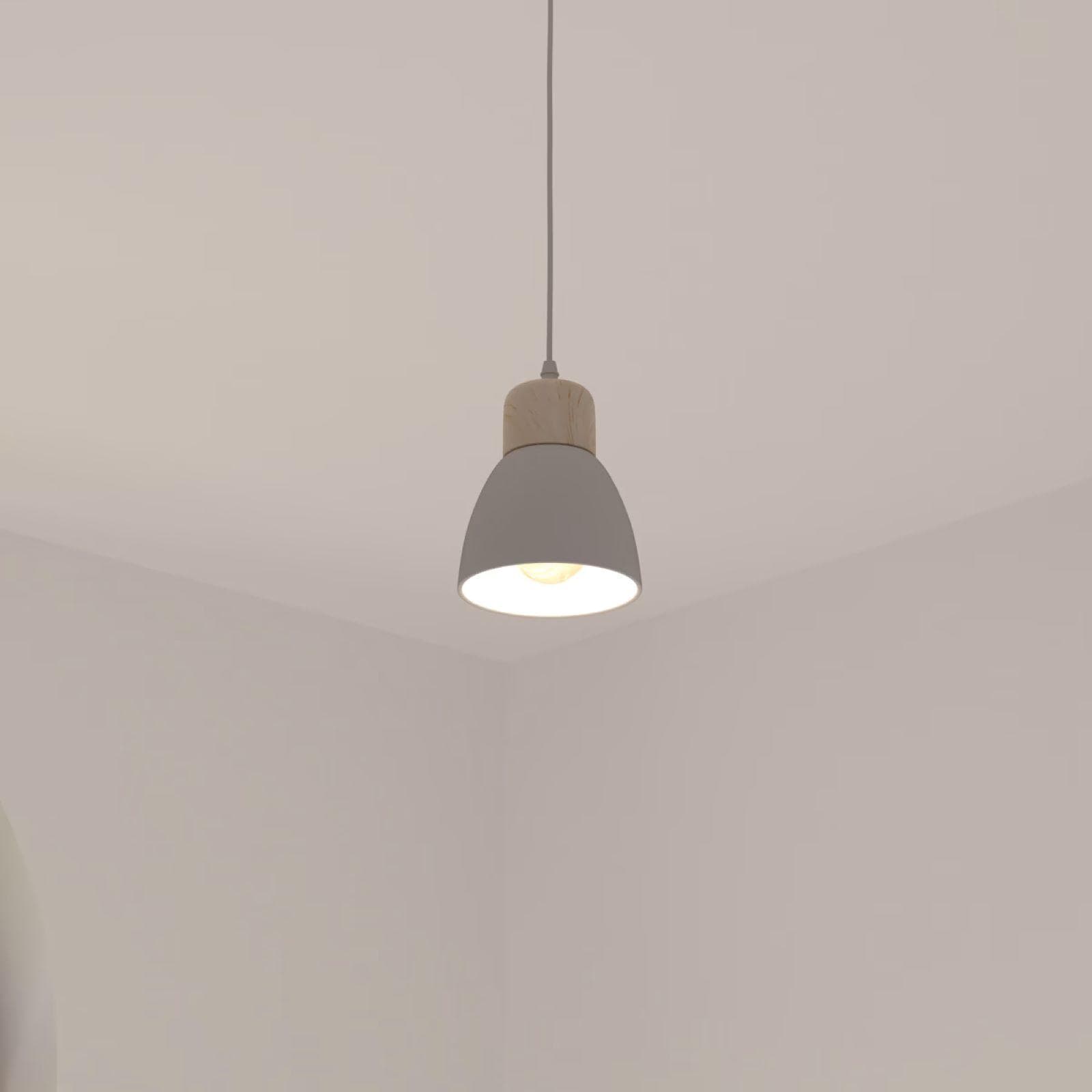 Lampada sospesa rotonda 15 cm in metallo bianco e legno