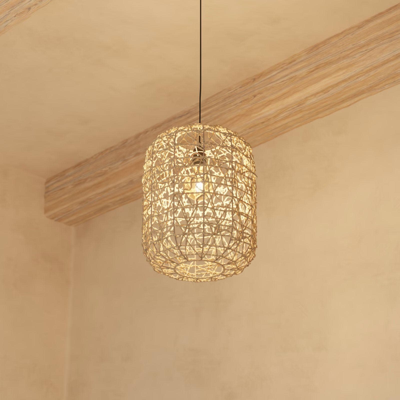 Lampada sospesa rotonda 28 cm intrecciata in corda beige