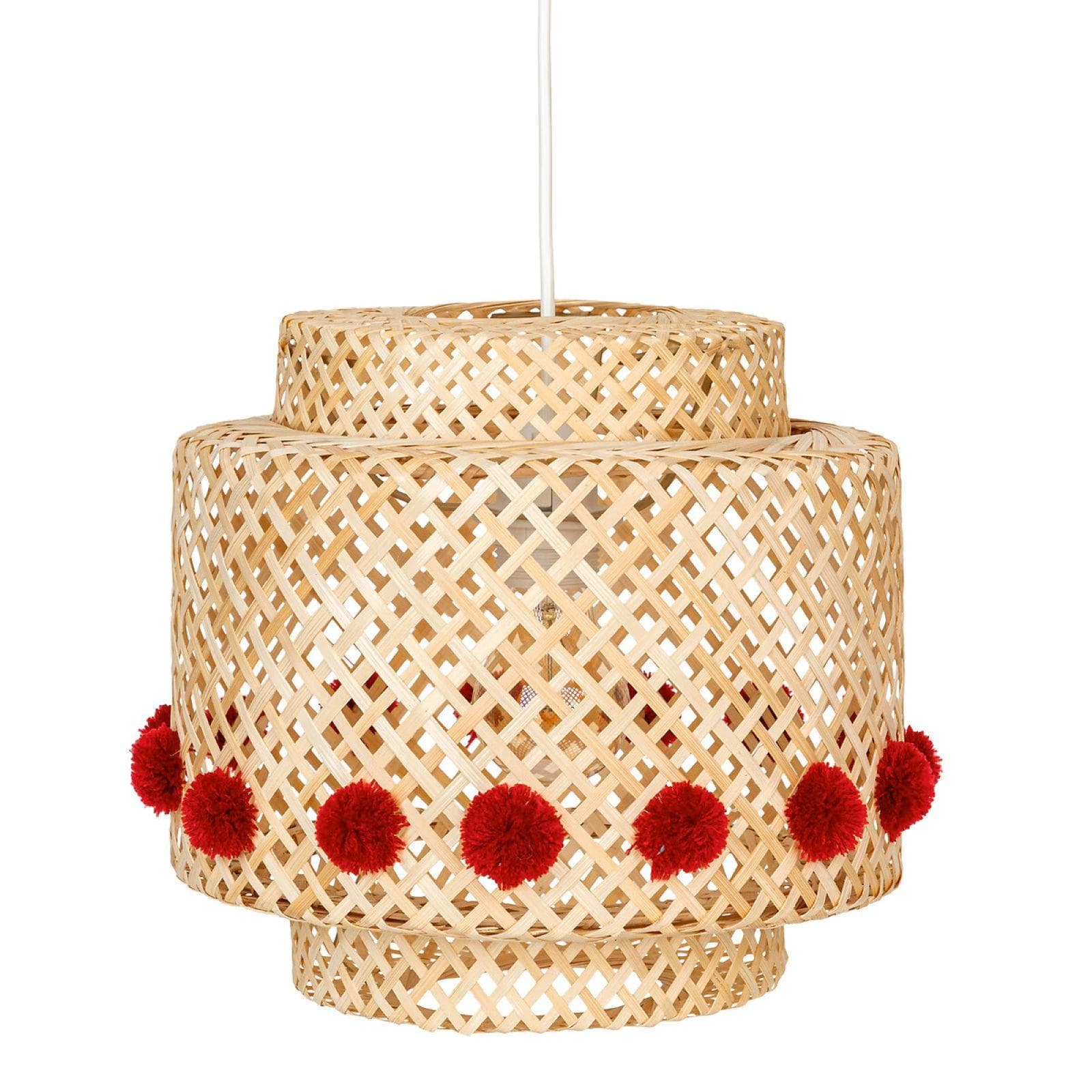 Lampada sospesa rotonda 30 cm in bambù naturale intrecciato e pompon rosso - Kids