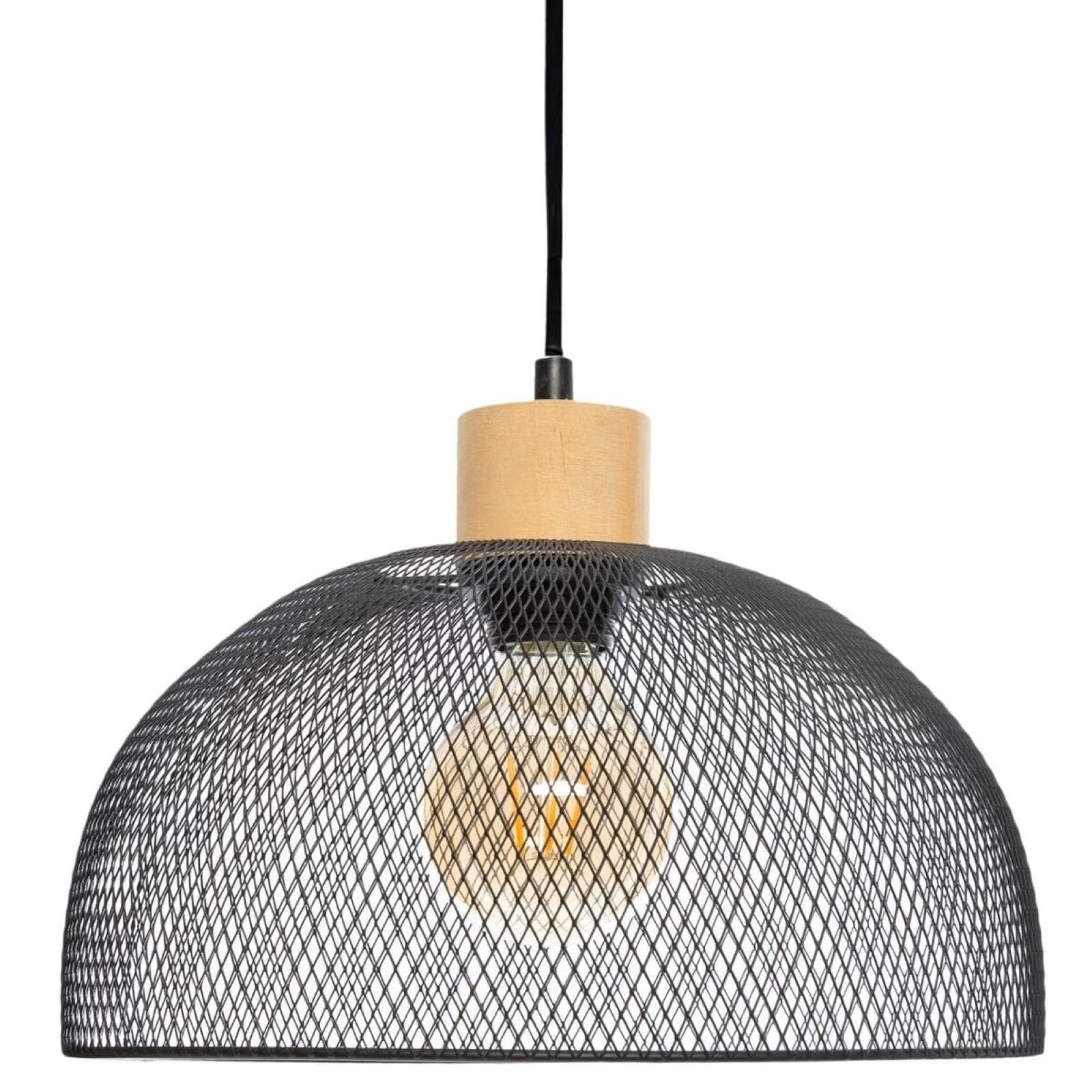 Lampada sospesa rotonda 30 cm in metallo nero e legno di pino