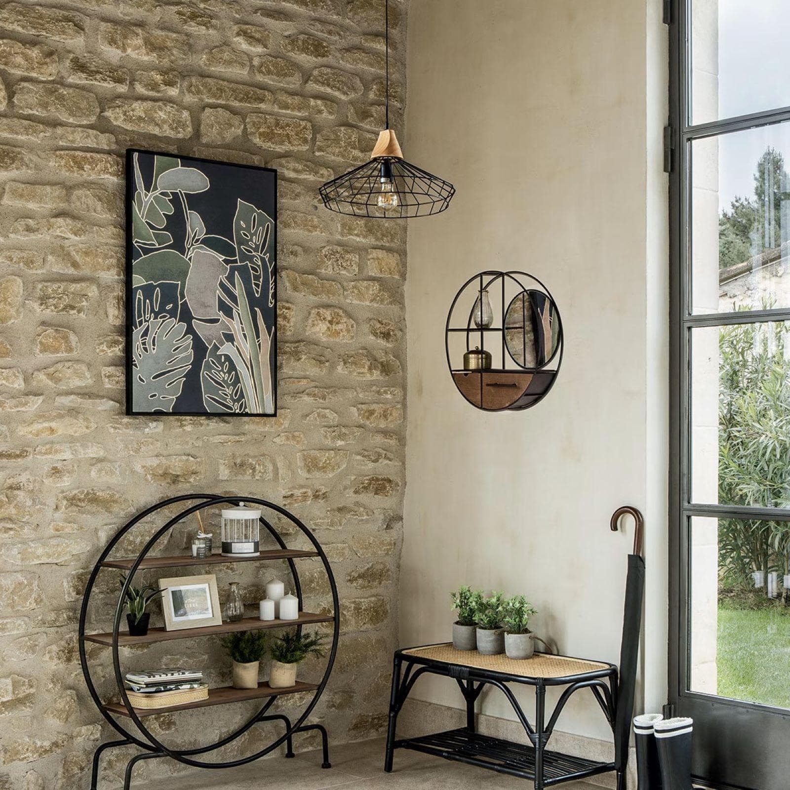 Lampada sospesa rotonda 38 cm in metallo nero e legno