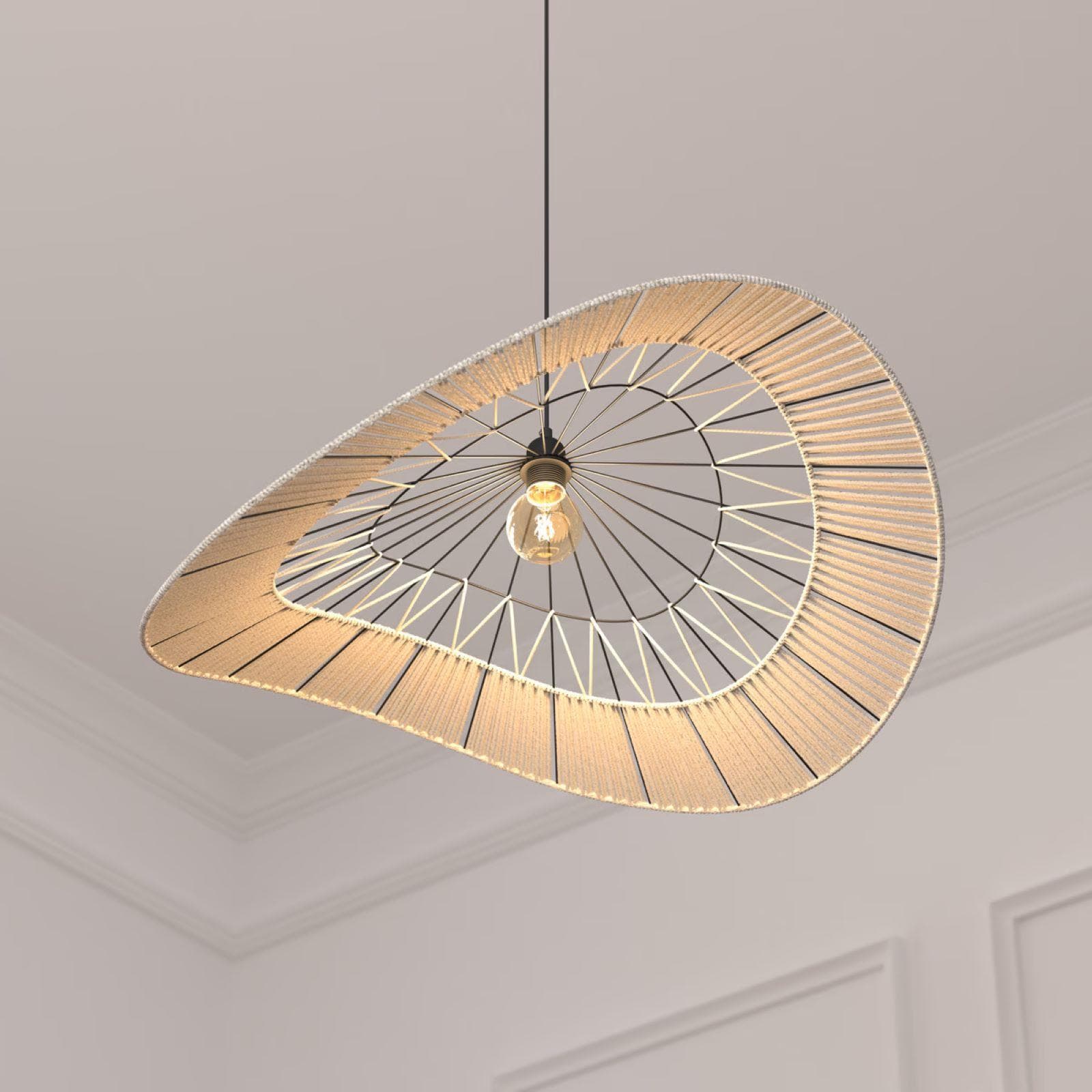 Lampada sospesa rotonda 75 cm in corda naturale e metallo nero