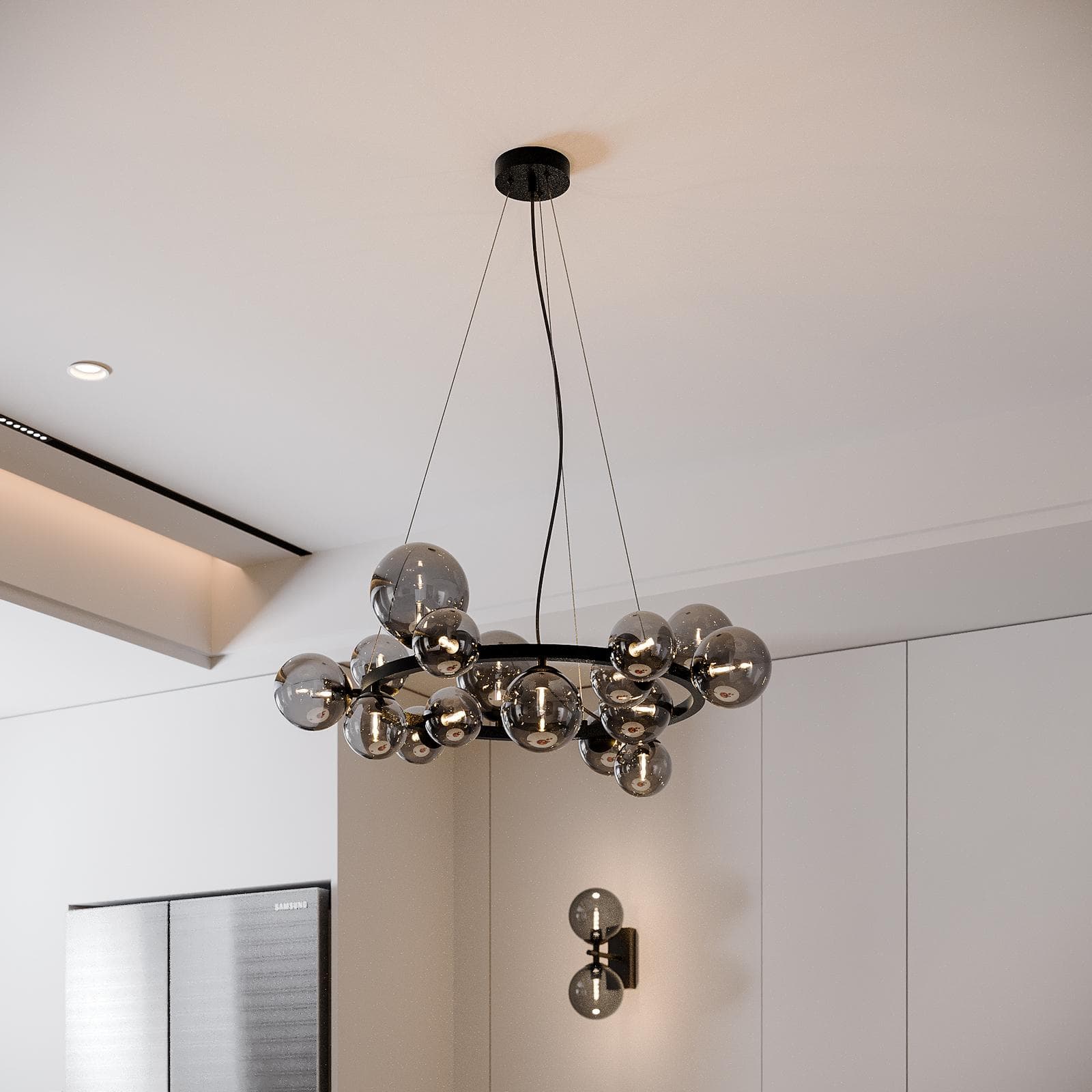 Lampada sospesa rotonda 82 cm in metallo nero con diffusori in vetro fumè