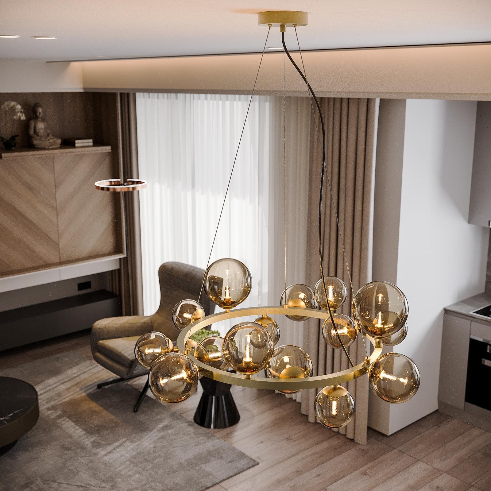 Lampada sospesa rotonda 82 cm in metallo oro con diffusori in vetro champagne